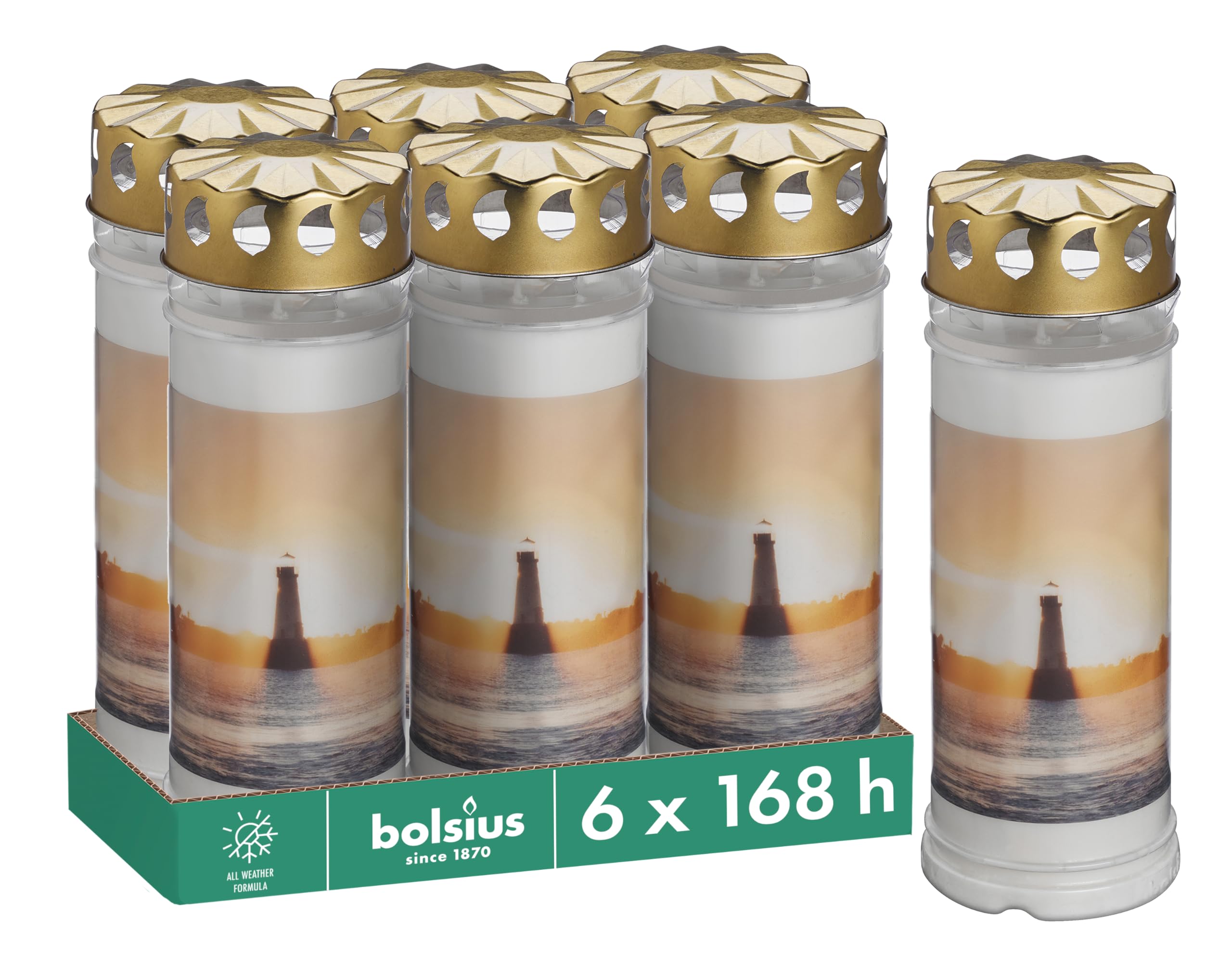 Bolsius Grablicht - Weiß - 6 Stück - 20 x 7.5 cm - Leuchtturm - Länge Brenndauer 7 Tage - Trauerkerze & Gedenkstätte Kerzen - mit Motiv - Unparfümierte - Ohne Palmöl - Nr7