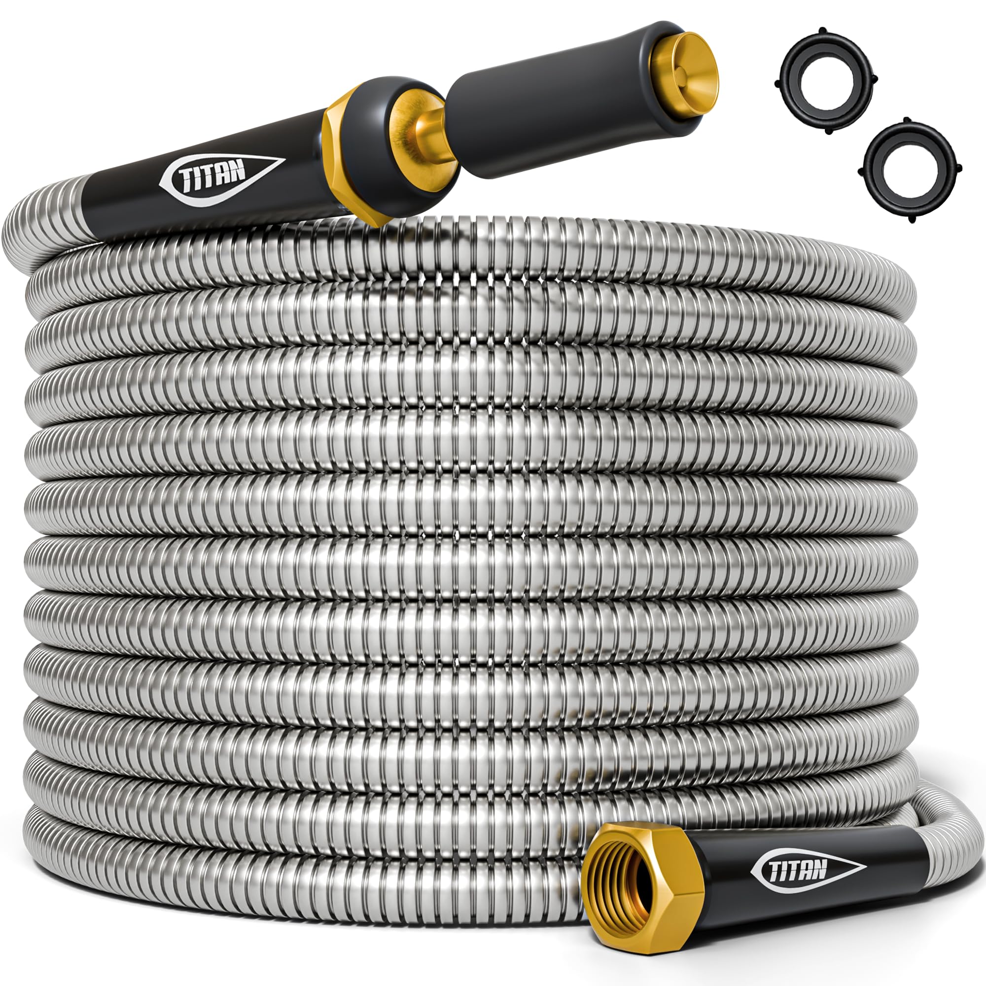 TITAN Garden Hose 15FT - 304 Stainless Steel Metal Water Hose, Flexible, Kink-Free, Lightweight, Durable, Crush Resistant Fittings, Easy to Coil, 500 PSI