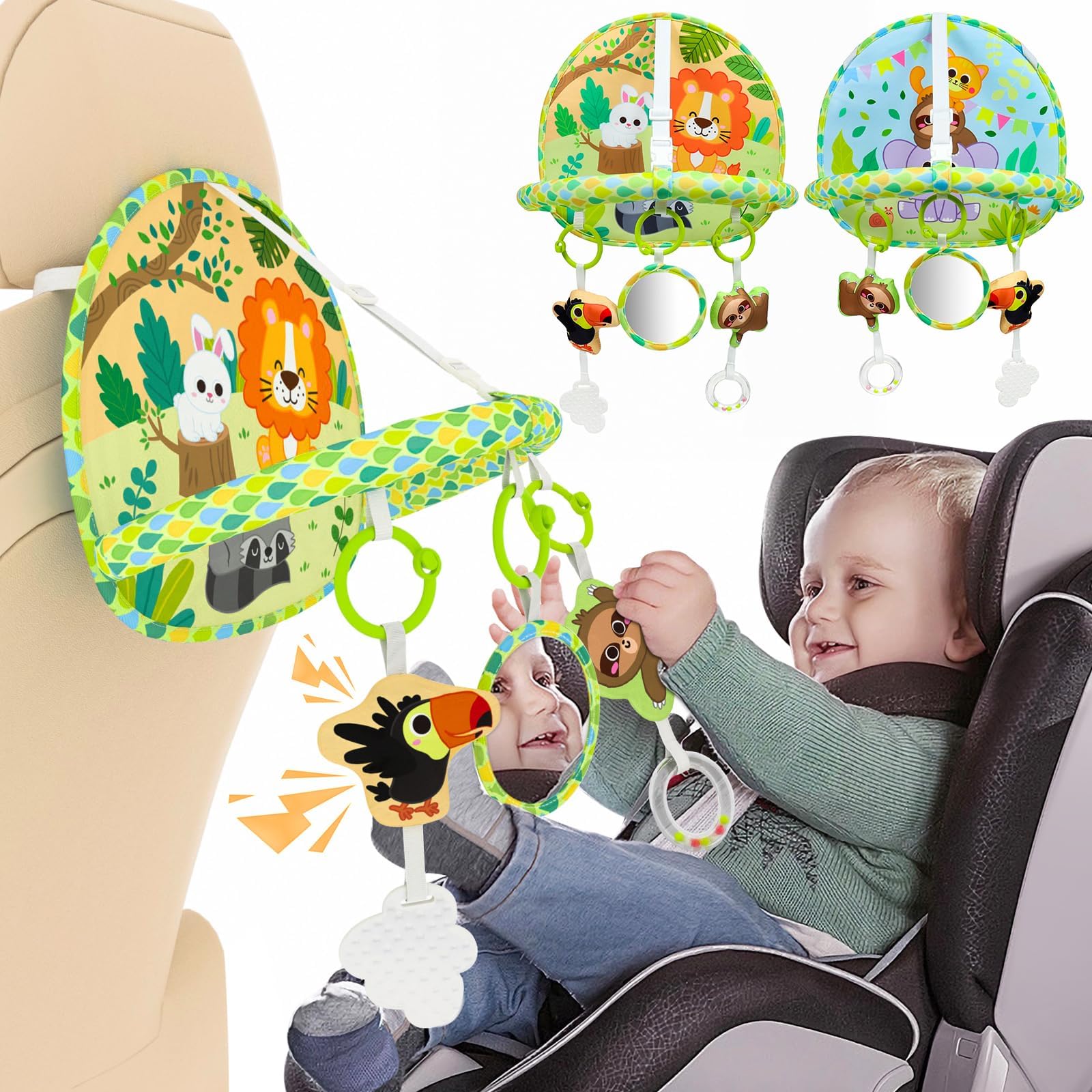 Double-sided Car Seat Toy, Rear Facing Car Seat Toy, Play and Kick for Travel, Easier Drive for Newborn, Adjustable Activity Arch with Baby Mirror and Plush Doll