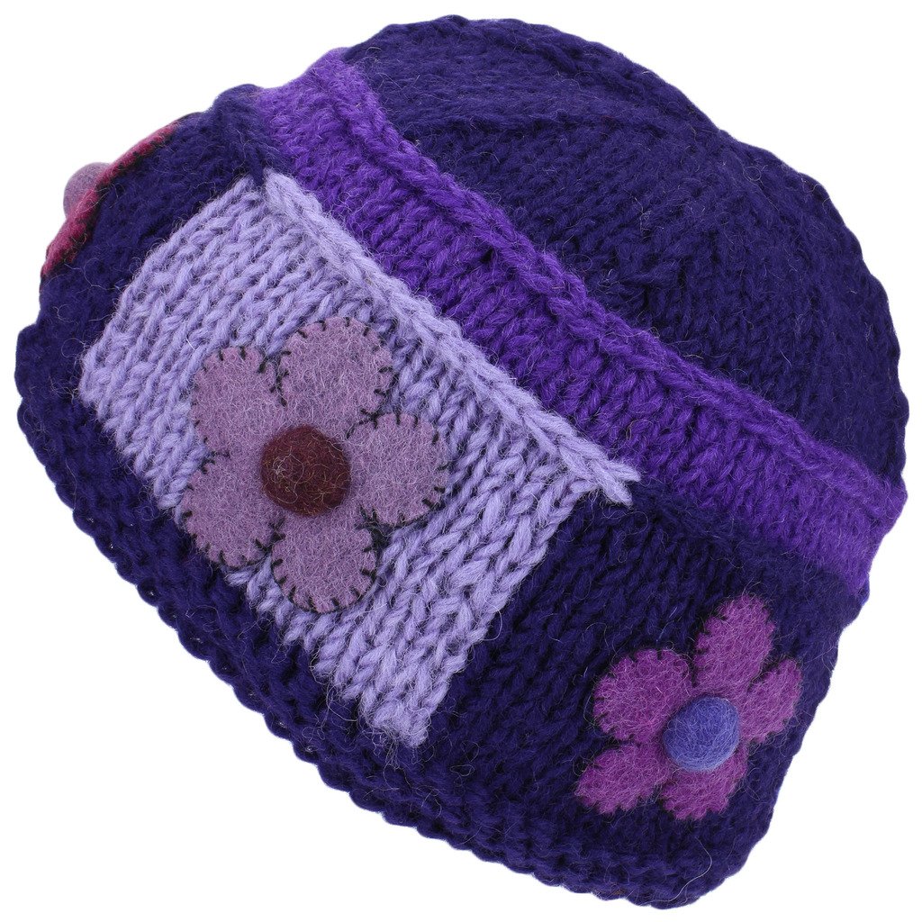 Loud Hats Women's Purple Felt Flower Wool Knit Beanie Hat