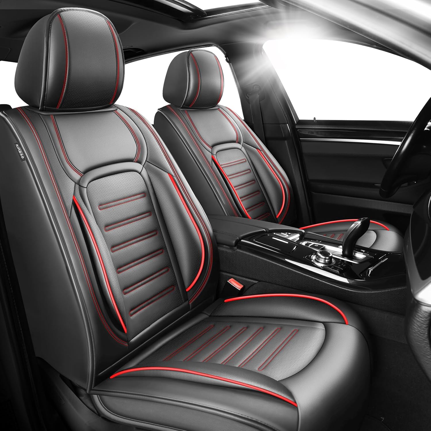 Fit Tucson Premium Leather Car Seat Covers Compatible with Hyundai Tucson 2010-2026, Breathable, Wear Resistant, Airbag Compatible, All-Weather & Full Coverage, 2 Front Seat Red Line Black