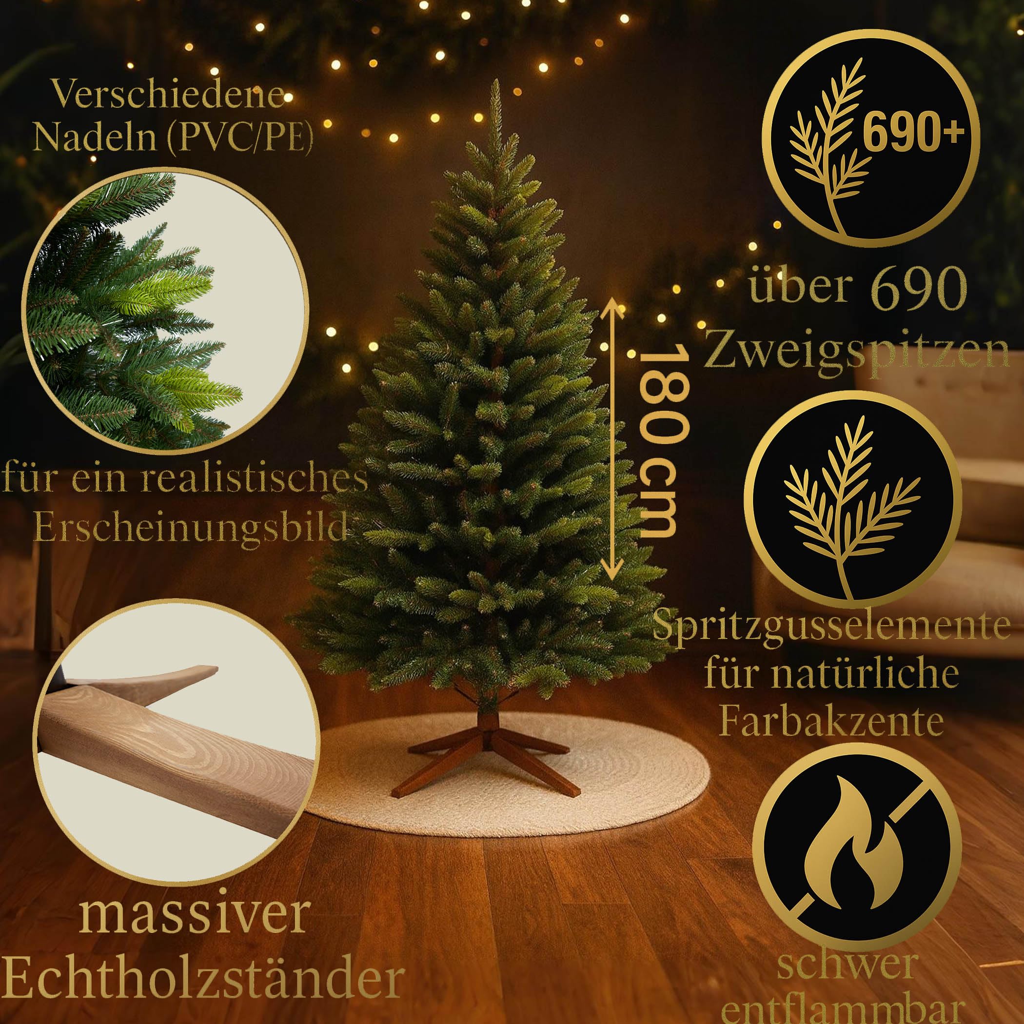 Premium Weihnachtsbaum künstlich-180cm-handgefertigt Naturgetreu dichte Zweige Weihnachtsbaum mit massivem Echtholzständer–Tannenbaum künstlich Christbaum mit Spritzgusselementen (1,80 m)