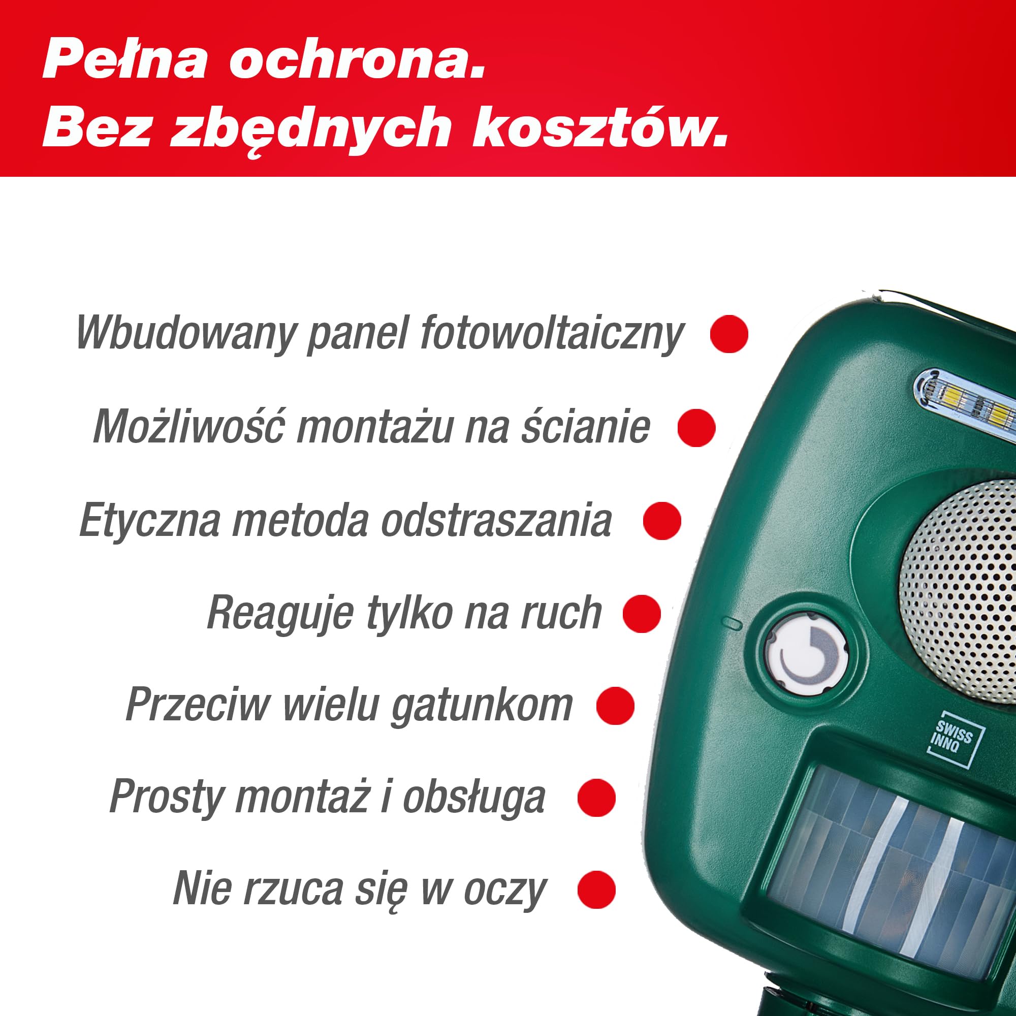 SWISSINNO Odstraszacz Ultradźwiękowy PRO – Na Koty Psy Lisy Zające Jeże – Czujnik Ruchu + LED + Syrena – Zasilanie Słoneczne – Zasięg do 150 m²