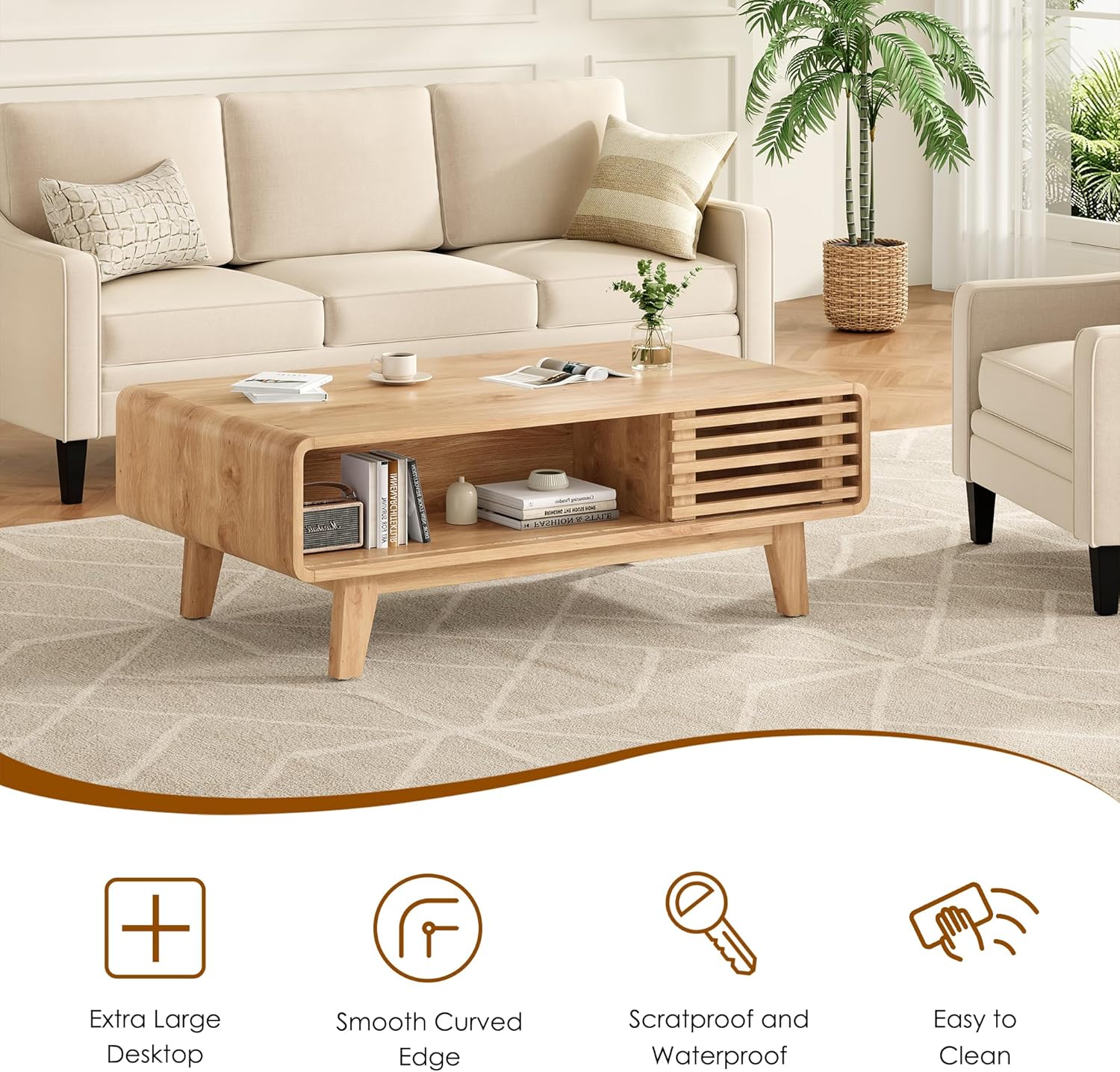 Coffee Table, Living Room Tables, Modern Table with Storage, Mid Century Farmhouse Wood Coffee Table for Living Room