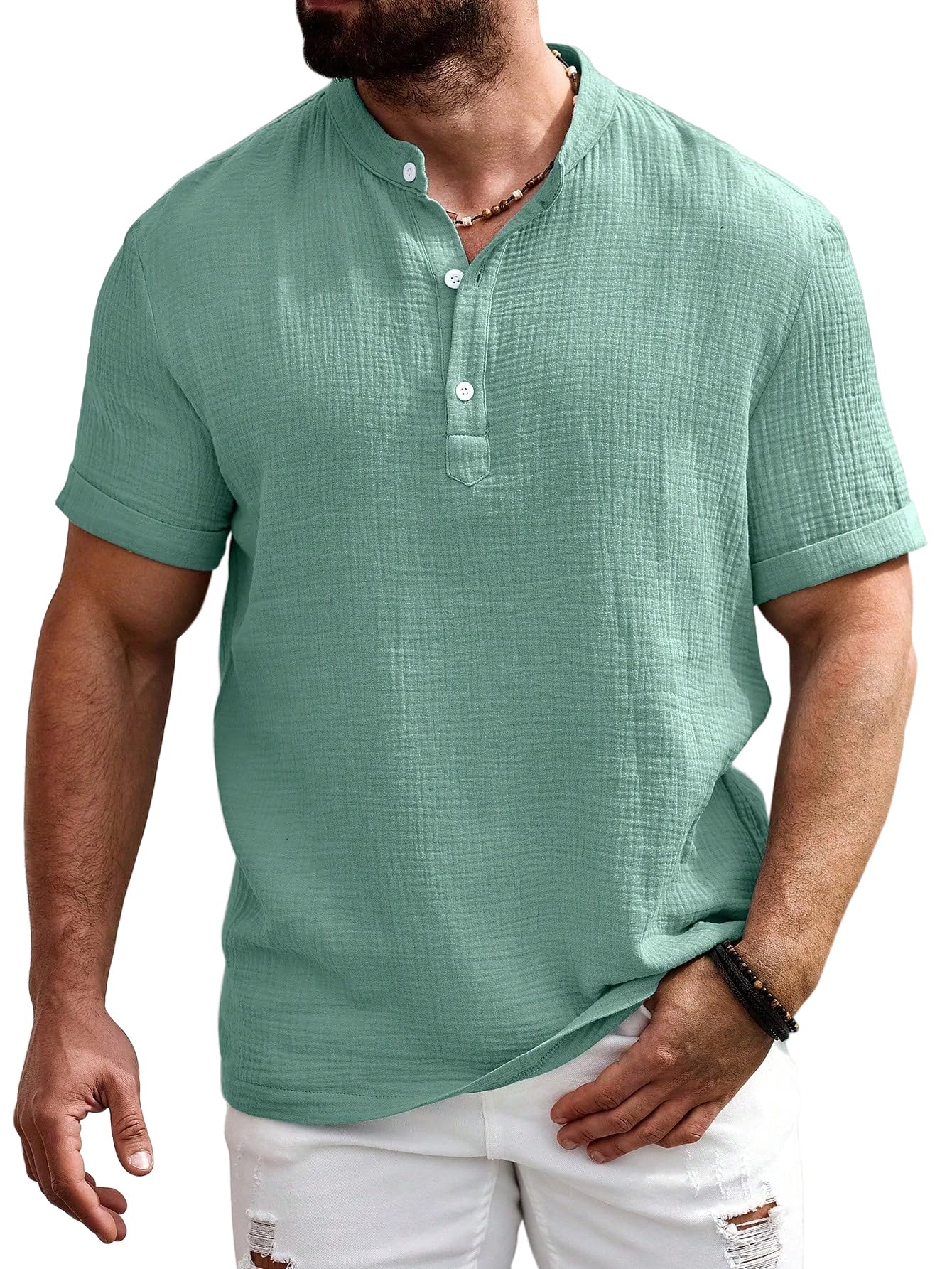 zombom Men's Casual Mandarin Collar Kurta | Half Sleeve Textured Poly Cotton Henley Kurta | Lightweight Breathable Summer Beachwear for Daily Office Travel Party-picture-38