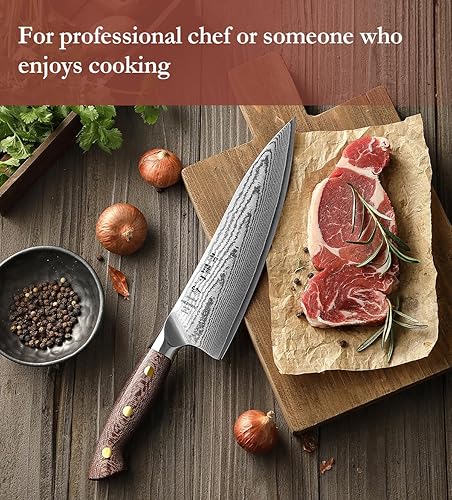 Miniatura 7 de HEZHEN Cuchillo de chef de Damasco con funda, 8.3 pulgadas, 67 capas, cuchillo de cocina japonés de acero Dmascus para chefs profesionales y