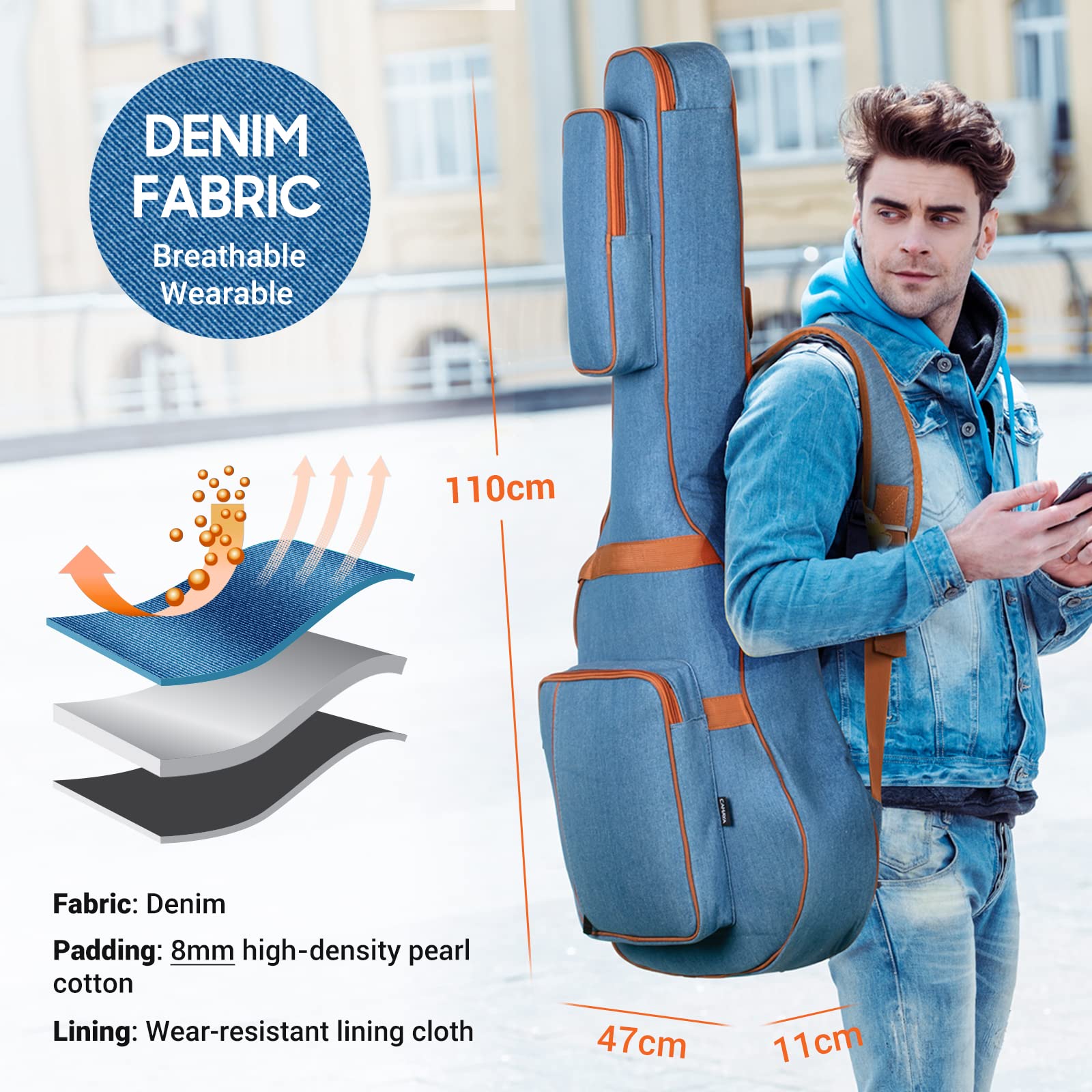 CAHAYA Funda de Guitarra Acústica de Mezclilla Transpirable Bolsa Guitarra Acolchada 8mm para Guitarra Acústica Clásica de 39 40 41 Pulgadas Modelo CY0254