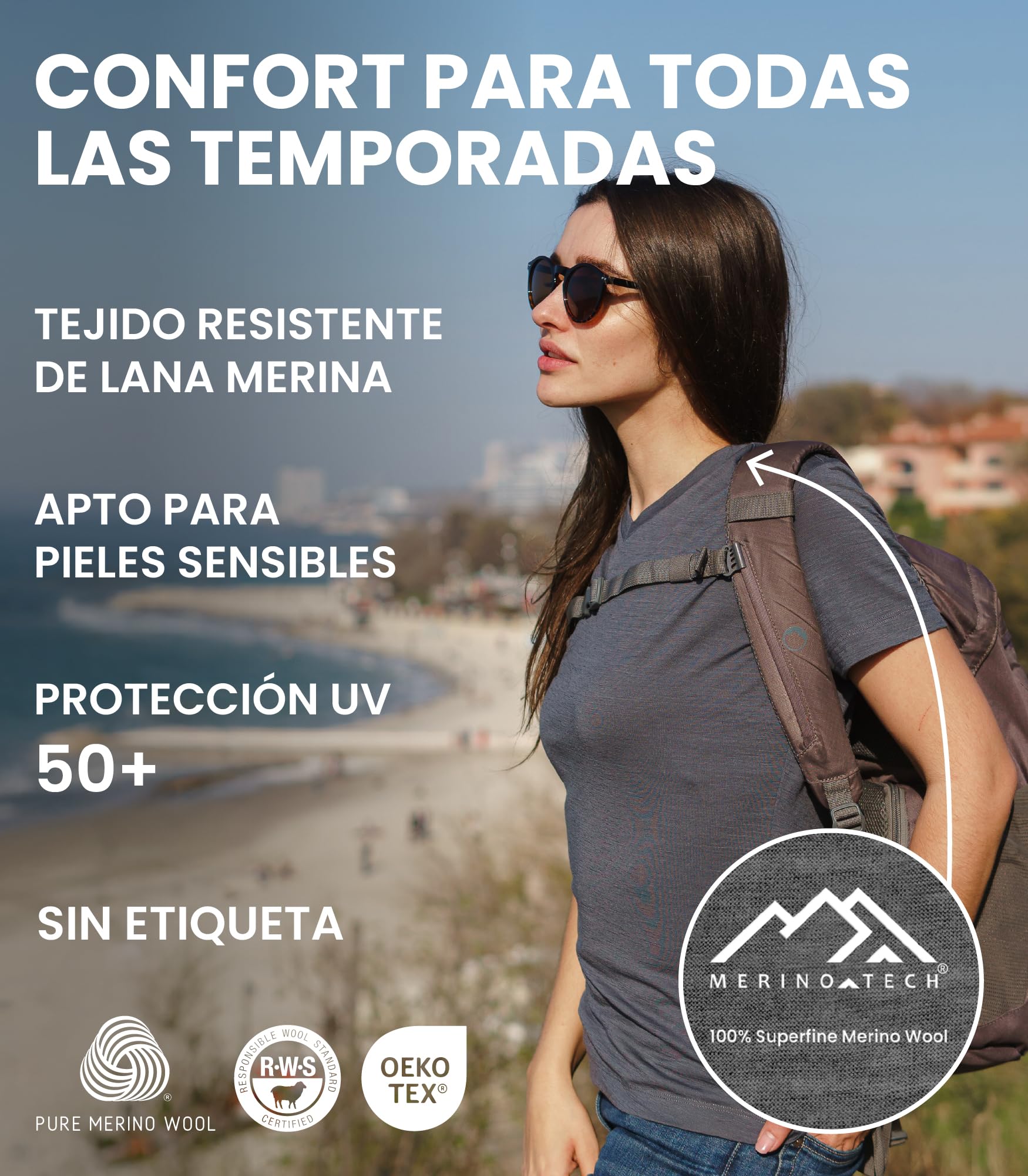 Merino.tech Camiseta Termica Lana Merino Mujer - Ropa Interior Base Layer 100% Lana Merino para Mujer