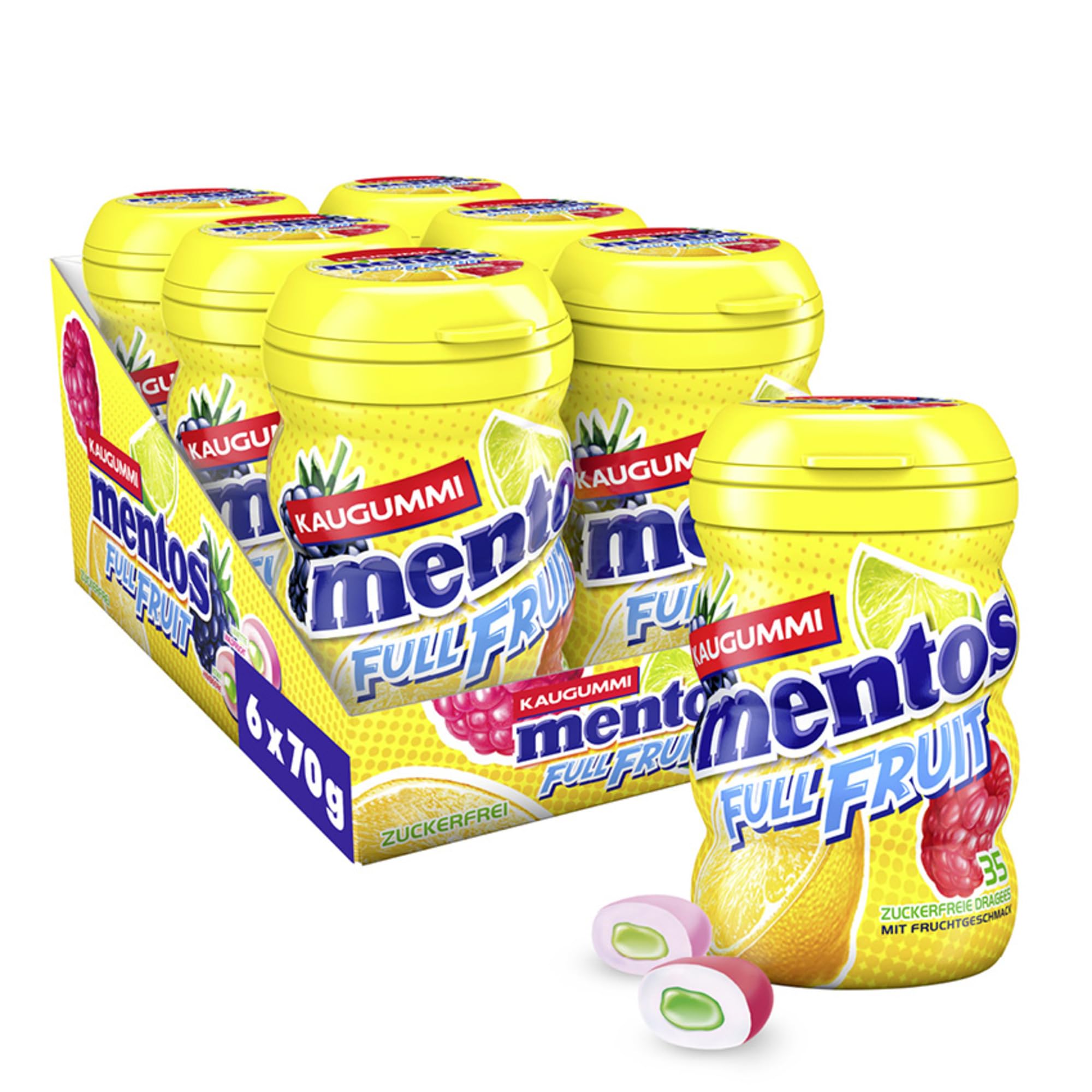 Mentos Kaugummi Full Fruit, 6 Boxen zuckerfreie Chewing Gum Dragees in drei Sorten mit Frucht-Geschmack & flüssiger Füllung, Multipack (6 x 35 Stück)