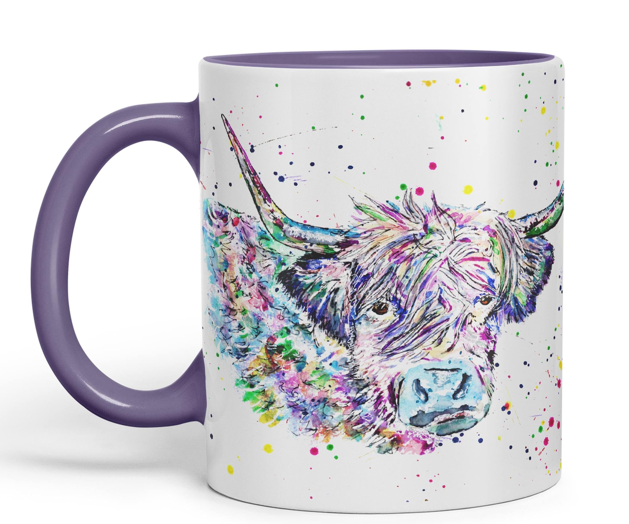 Vixar Purple Highland Cow Scottish Farm Animals Watercolour Art Coloured Mug Cup Gift Birthday Work Office Tea Coffee (Purple)