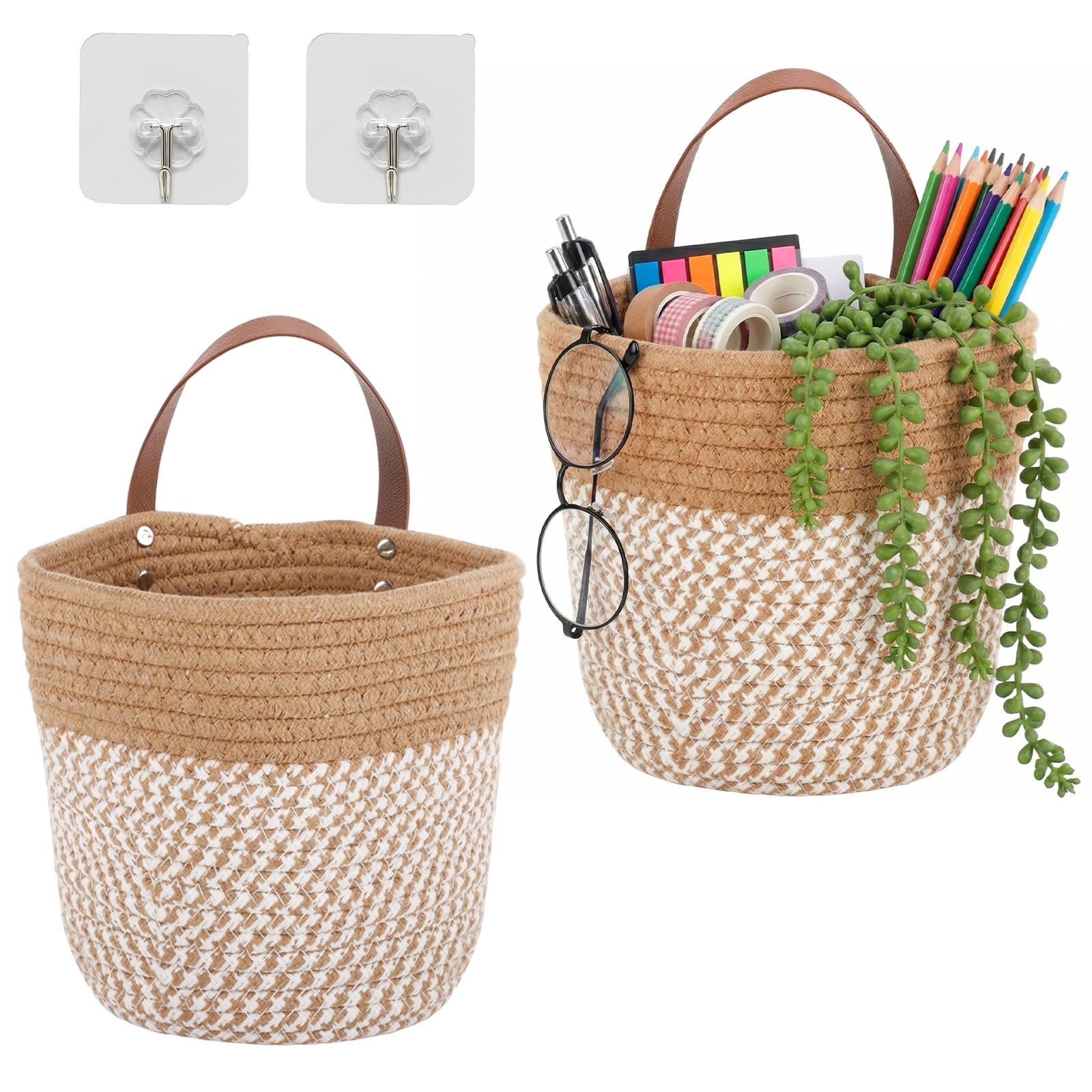 2 Piezas Cesta Colgante, Cestas Colgantes de Cuerda de Algodón 16 x 18 cm, Cestas de Pared con Asa para Baño, Almacenamiento Colgante, Organizador del Hogar, Organizador de Ahorro de Espacio