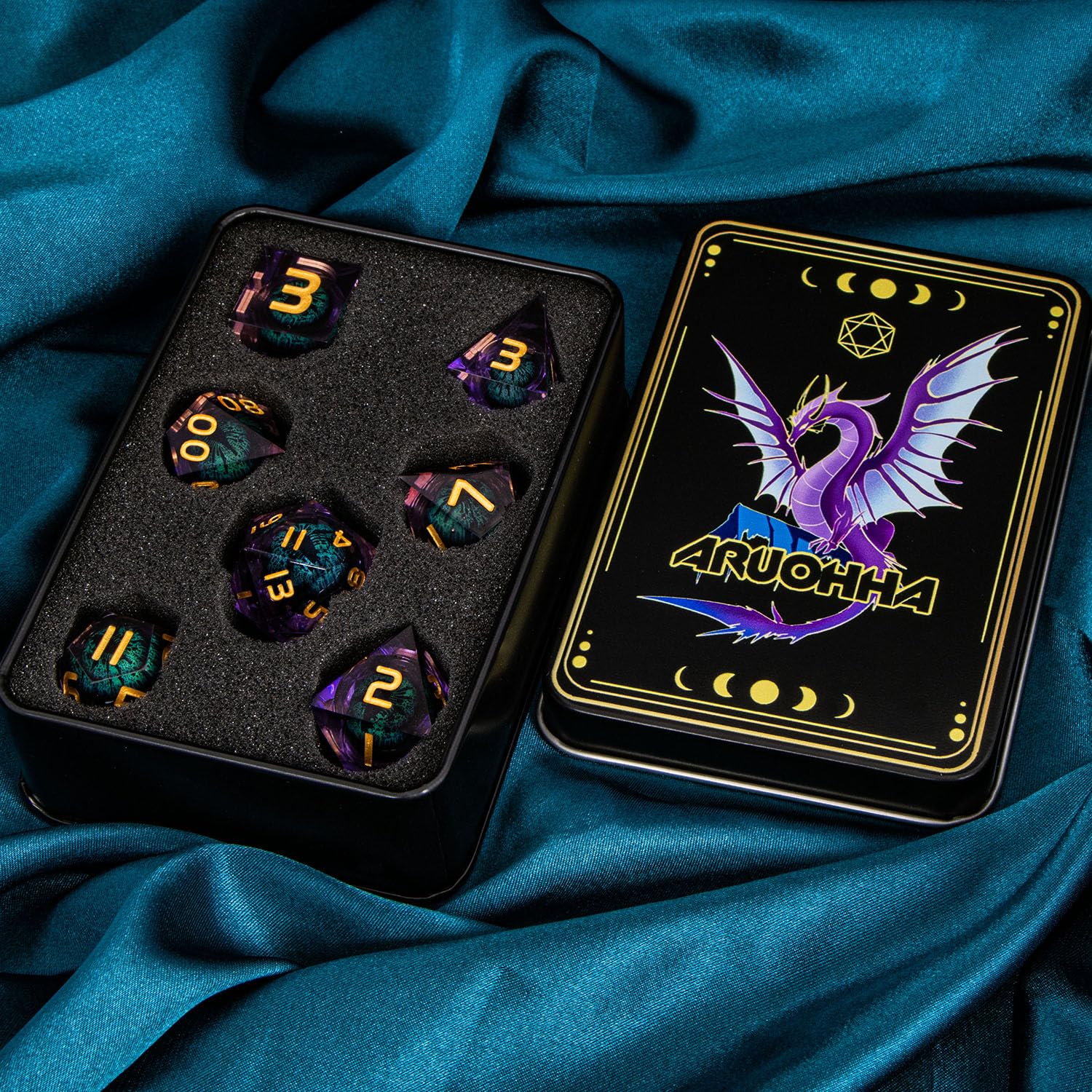 ARUOHHA Dragon Eye DND - Juego de dados de resina verde púrpura con bordes afilados, juego de rol RPG, núcleo líquido poliédrico D y D, juego de dados D20 D12 D10 D8 D6 D4