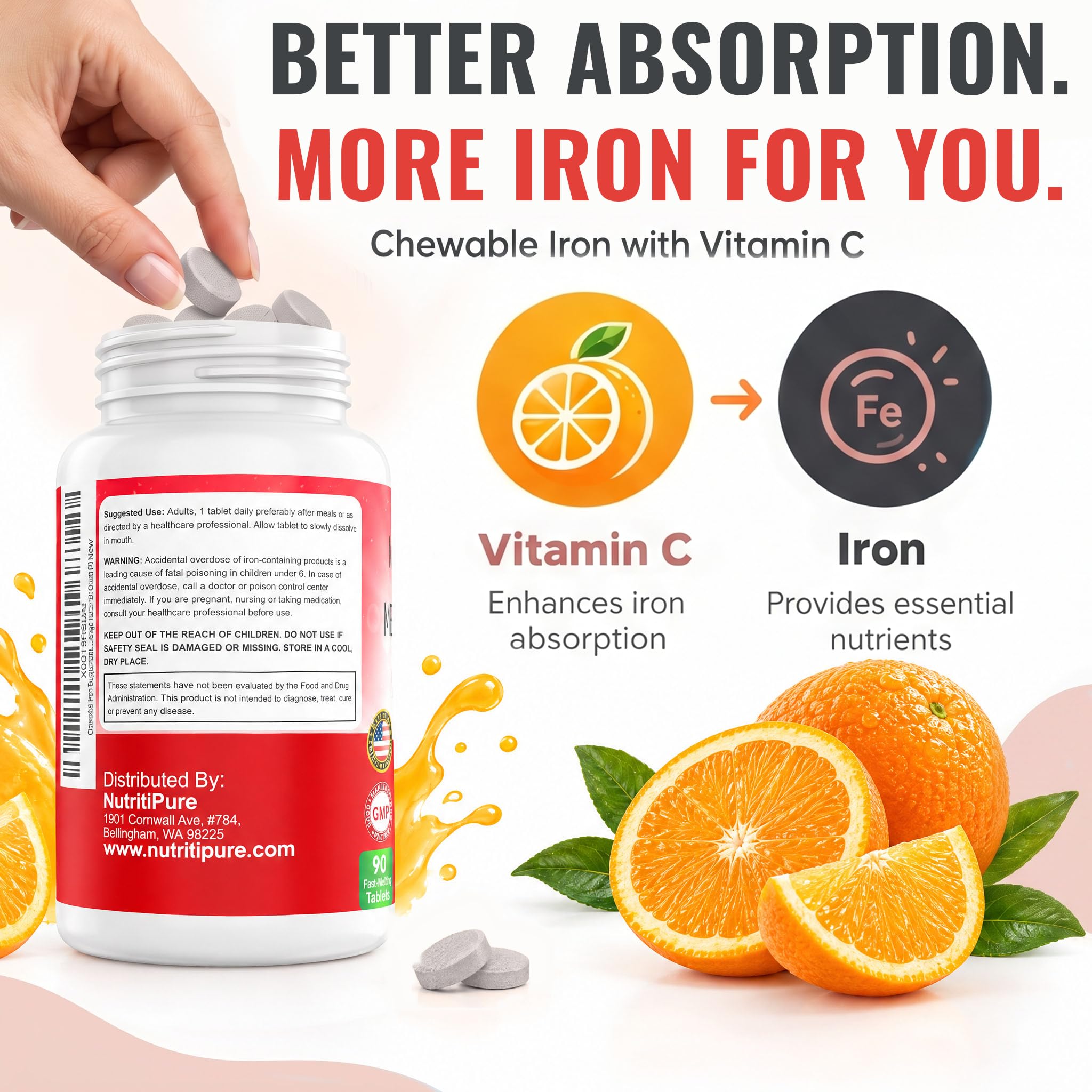 Chewable Iron Supplement for Women/Men(Carbonyl Iron 18 mg with Vitamin C 30 mg) Tablet in Orange Flavor 90 Count (1) — Amazon image 4