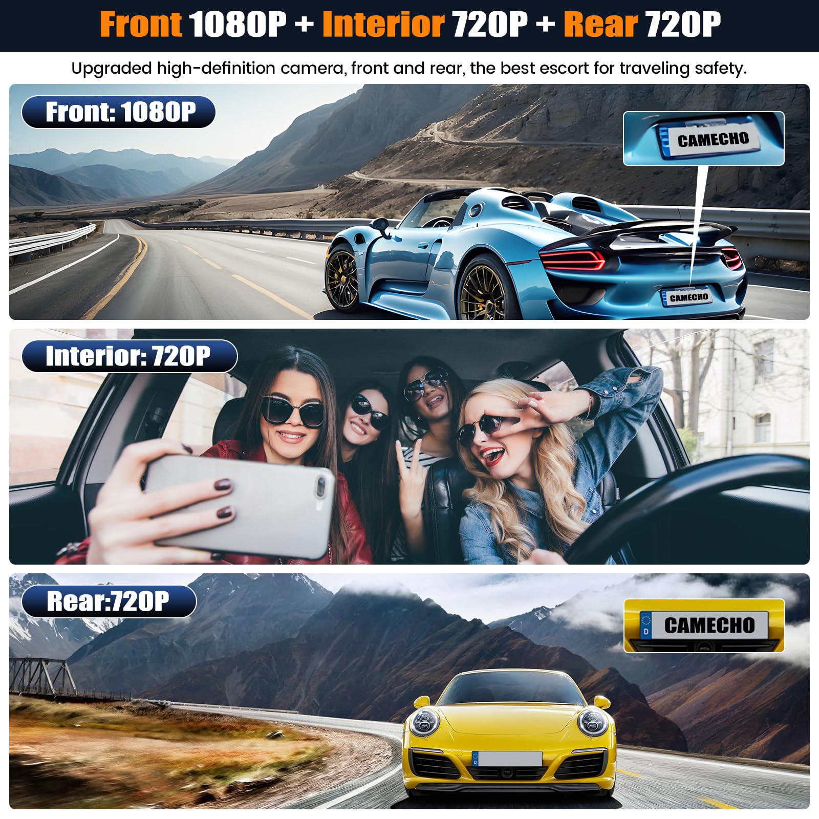 CAMECHO 1080P Rückspiegel 9,66 Zoll Spiegel-Dashcam für Autos mit 3 Kameras 720P, vorne 150° und hinten Dashcam 120° mit Rückfahrlinie, Nachtsicht, G-Sensor, 64 GB Speicherkarte, WLAN-App