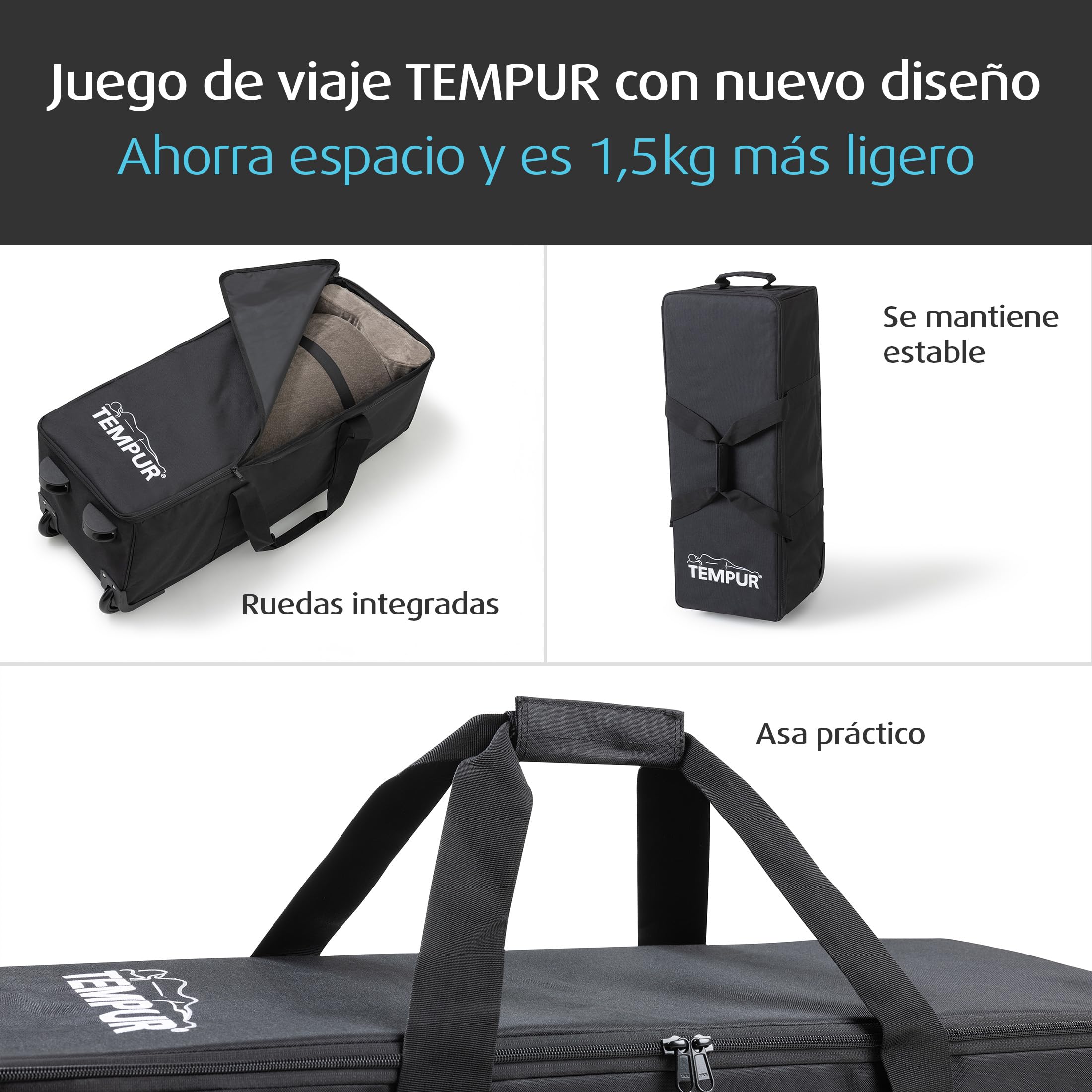 Set de viaje TEMPUR de 3 piezas con práctico trolley, 5,5 kg | Almohada cervical de viaje y colchoneta de viaje, perfectas para llevar a cualquier lugar.