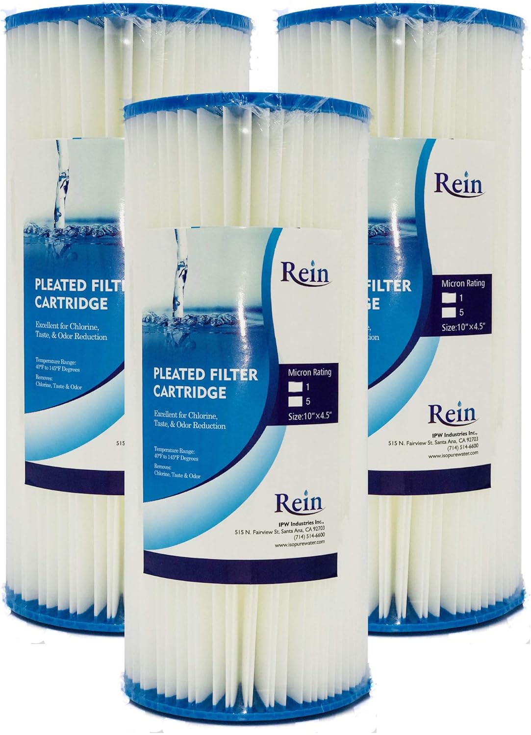 5 Micron Whole House Full Flow 10" x 4.5" Pleated Water Filter Replacement Cartridge - Pack of 3