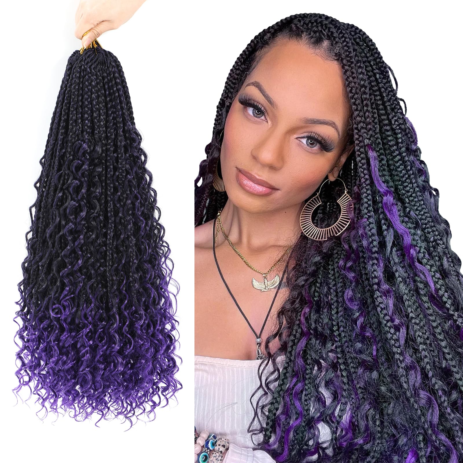 Crochet Braids Hair Extensions for Black Women 8 Packs 24 Inch Pre-Looped Crochet Hair Extensions Boho Braid with Curly Ends Goddess Braids Extensions Hair(1B/Purple#)