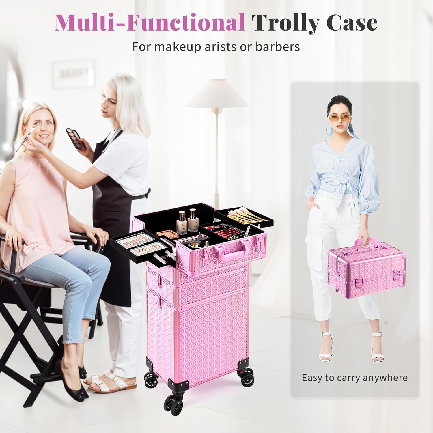 3 in 1 Rolling Makeup Train Case Professional Large Cosmetic Trolley Cosmetology Case on Wheels Traveling Cart Trunk for Hairstylist Artist Nail Beauty Salon Barber, Pink - Image 4
