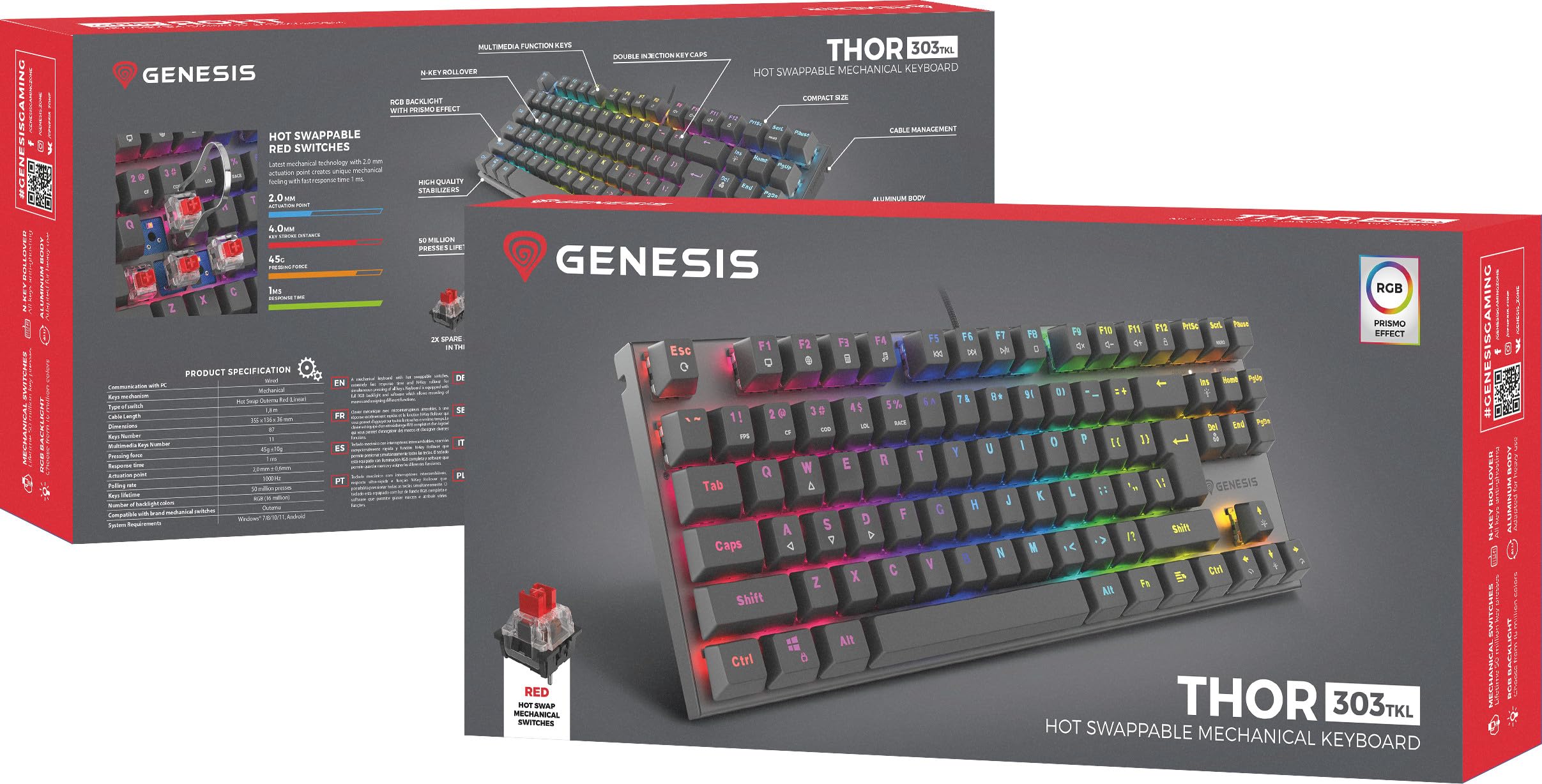 Genesis Thor 303 TKL US Illuminazione RGB Meccanica Red Switch Hot Swap