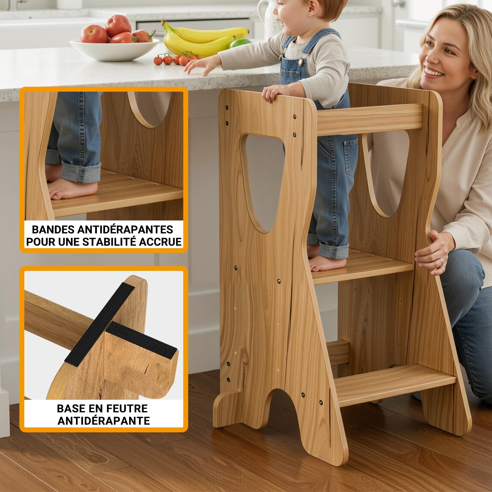COSYLAND Tour d'Observation Montessori Réglable en Hauteur pour Enfants 18 Mois-6 Ans, Chaise d'Apprentissage en Bois Sécurisée, Design Stable Moderne