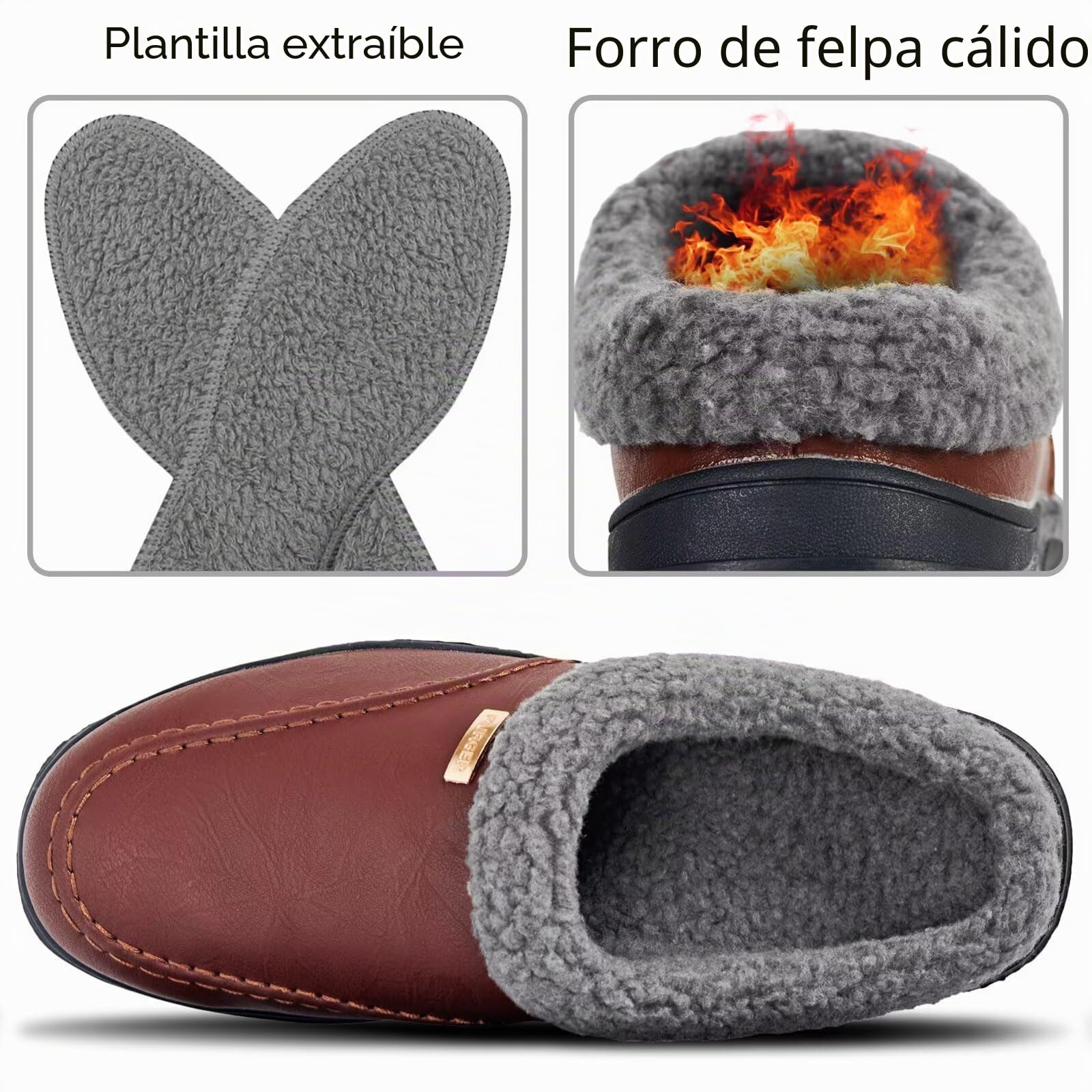 Zapatillas de Casa Hombre Cuero Invierno Forro Cálido Antideslizantes Zuecos y Mules