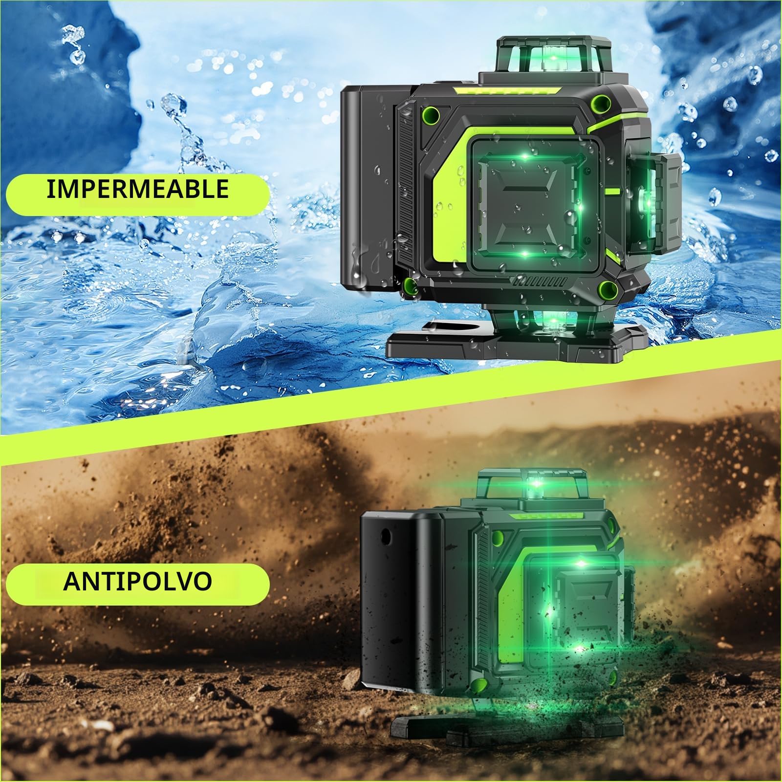 Nivel Laser Autonivelante 360 Grados con Trípode, Nivel Láser Verde 16 Líneas, 2 x 360 Horizontal y 2 x 360 Verticales, 2 x Batería, Montaje en Pared, Control Remoto, Base Magnética, Soporte Giratorio