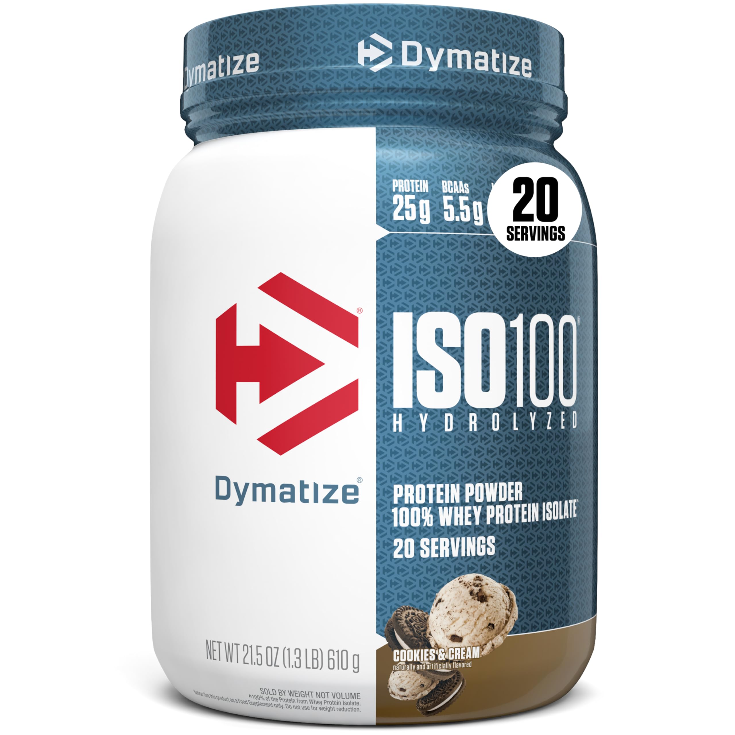 DymatizeISO100 Whey Protein Powder Isolate, Cookies & Cream, 25g of Protein, 5.5g BCAAs, Less Than 120 Cal., Gluten Free, 1g Fat, 1g Sugar, 2g Carb (20 Servings)