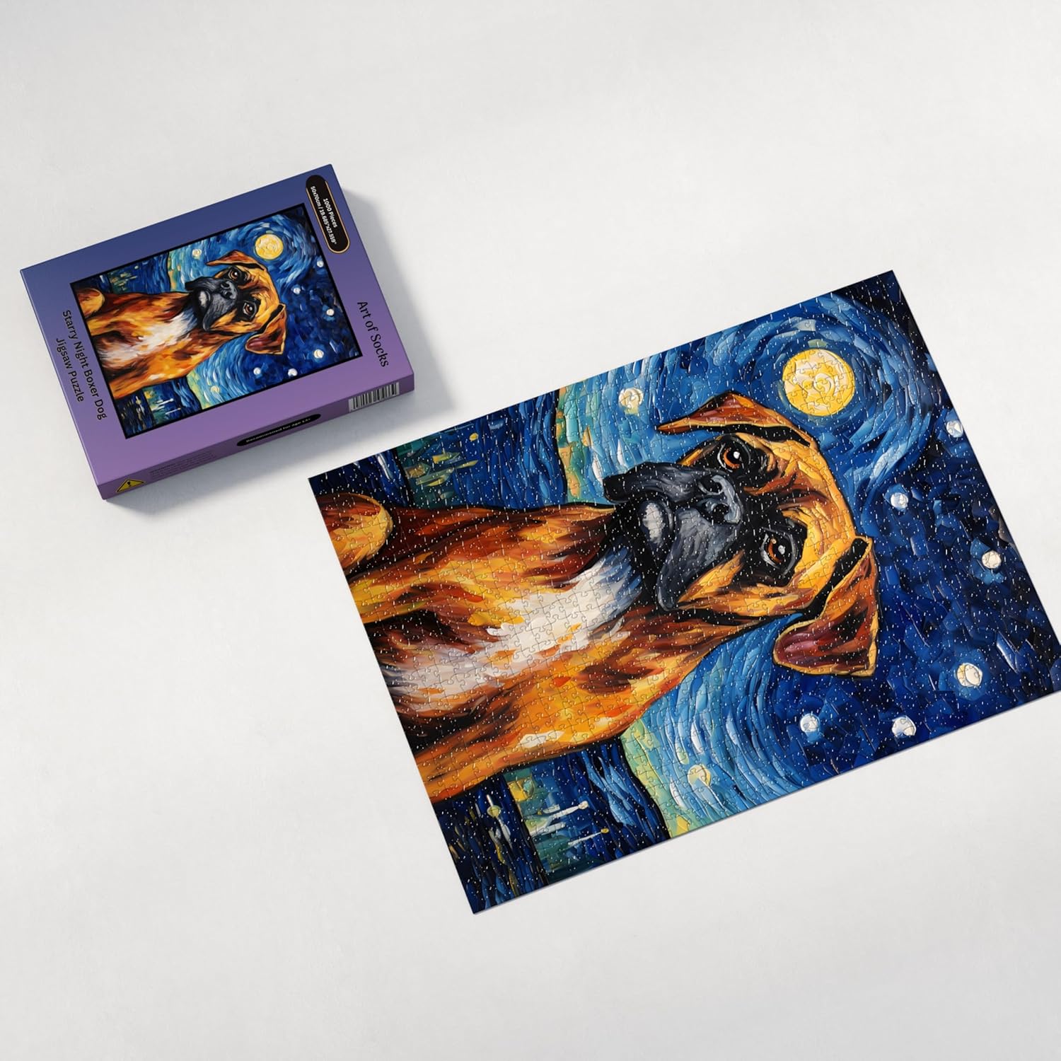 Starry Night Boxer Dog Jigsaw Puzzle 1000 Pieces for Adults - Glow in The Dark Puzzle Gift for Boxer Dog Lovers - 1000pc Glowing Lights Decor Puzzles (50x70cm / 19.685"x27.559")