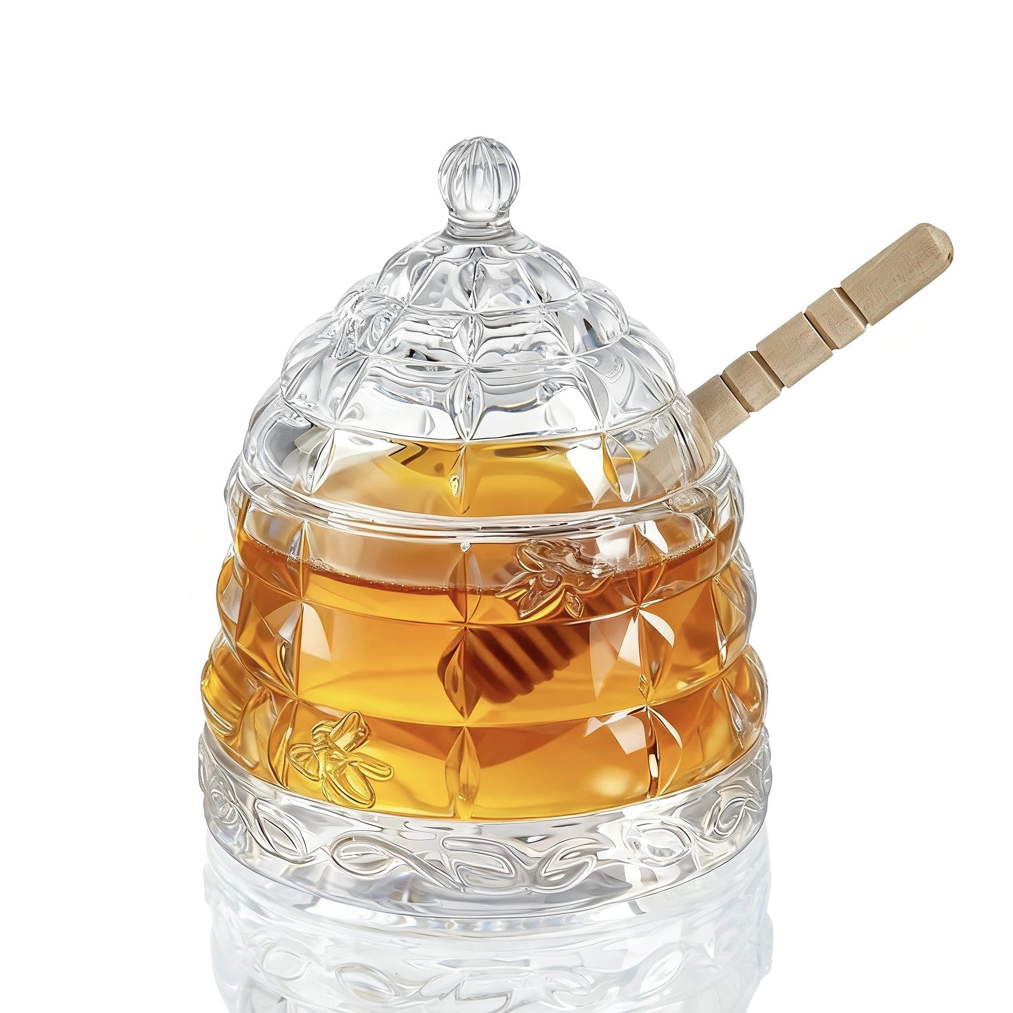 H&D HYALINE & DORA Honey Pot with Dipper and Lid 3.7oz Glass Honey Jar with Wooden Dippers Stick Set Syrup Dispenser for Home Kitchen (Clear)