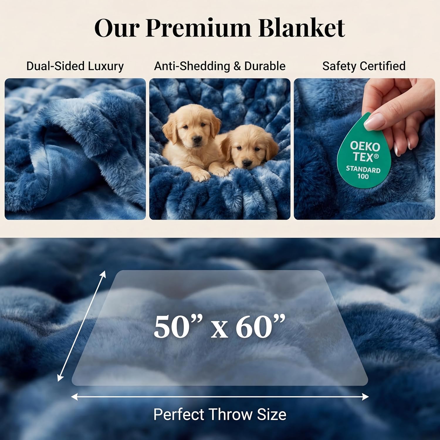 Ultra Plush 50x60 Thick Faux Fur Bubble Throw Blanket | 1000 GSM Luxury Warm Fluffy Throw for Couch Sofa Bedroom Living Room | Reversible with Velvet | (Tie-Dye Blue)