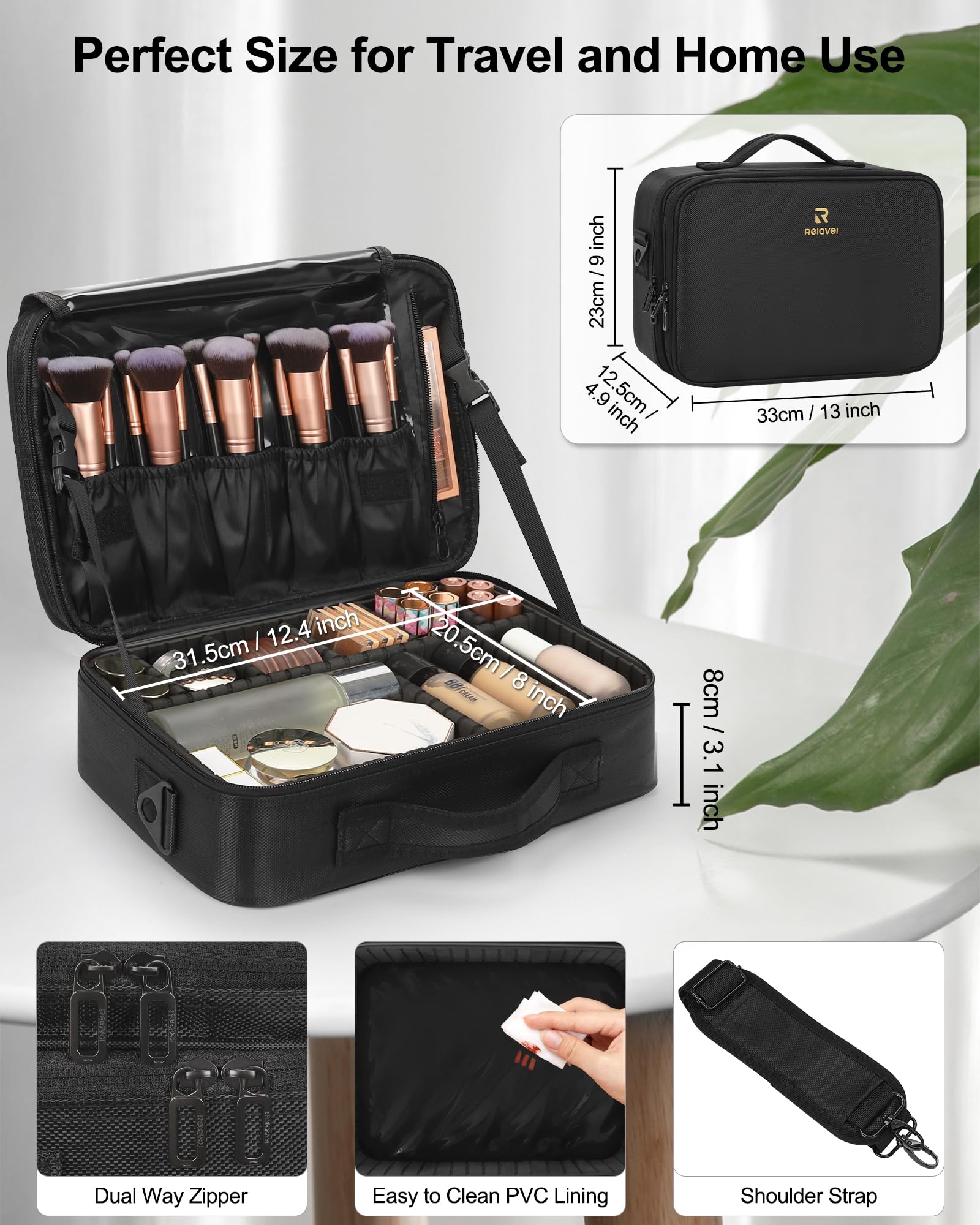 Reise-Make-up-Koffer, Make-up-Kosmetik-Organizer, tragbare Künstleraufbewahrungstasche mit verstellbaren Trennwänden für Kosmetik, Make-up, Pinsel, Toilettenartikel (schwarze Farbe Medium)