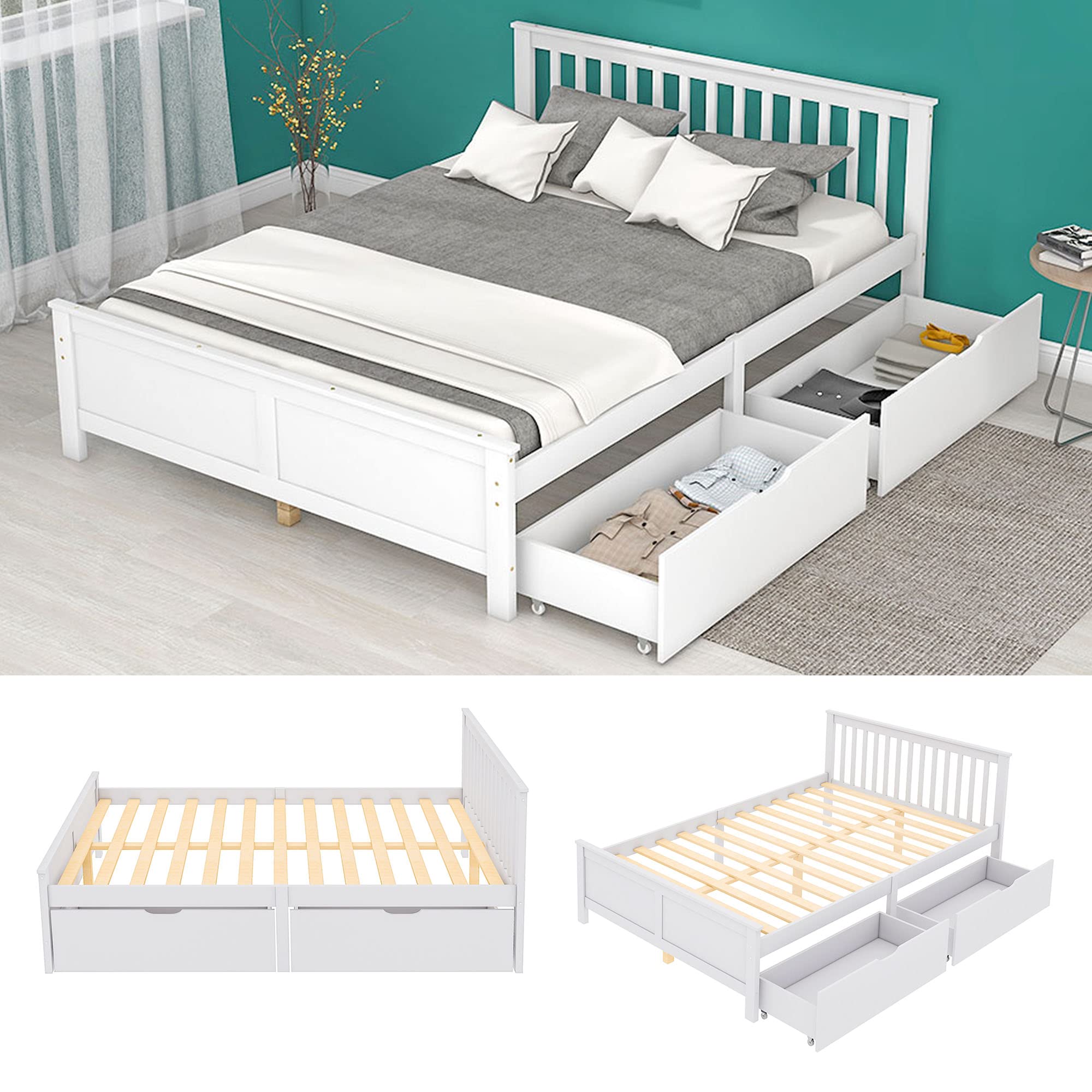 Kinderbett Doppelbett 140x200 cm, Holzbett mit 2 Schubladen, Massivholz Bettgestell mit Lattenrost, Jugendbett, Weiß, Ohne Matratze