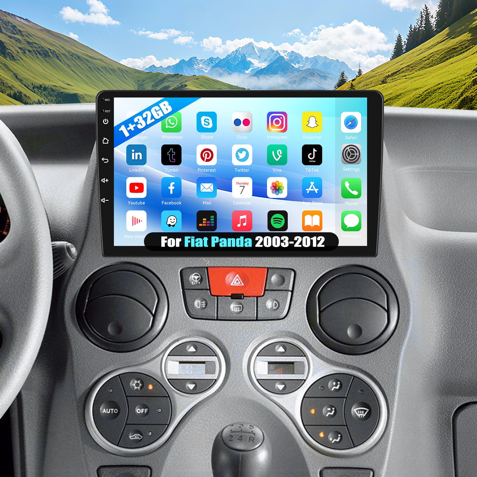CAMECHO Android 15 do samochodów FIAT Panda (2003–2012) radio z nawigacją 9-calowy ekran dotykowy Double DIN Bluetooth WiFi MirrorLink FM/RDS mikrofon SWC
