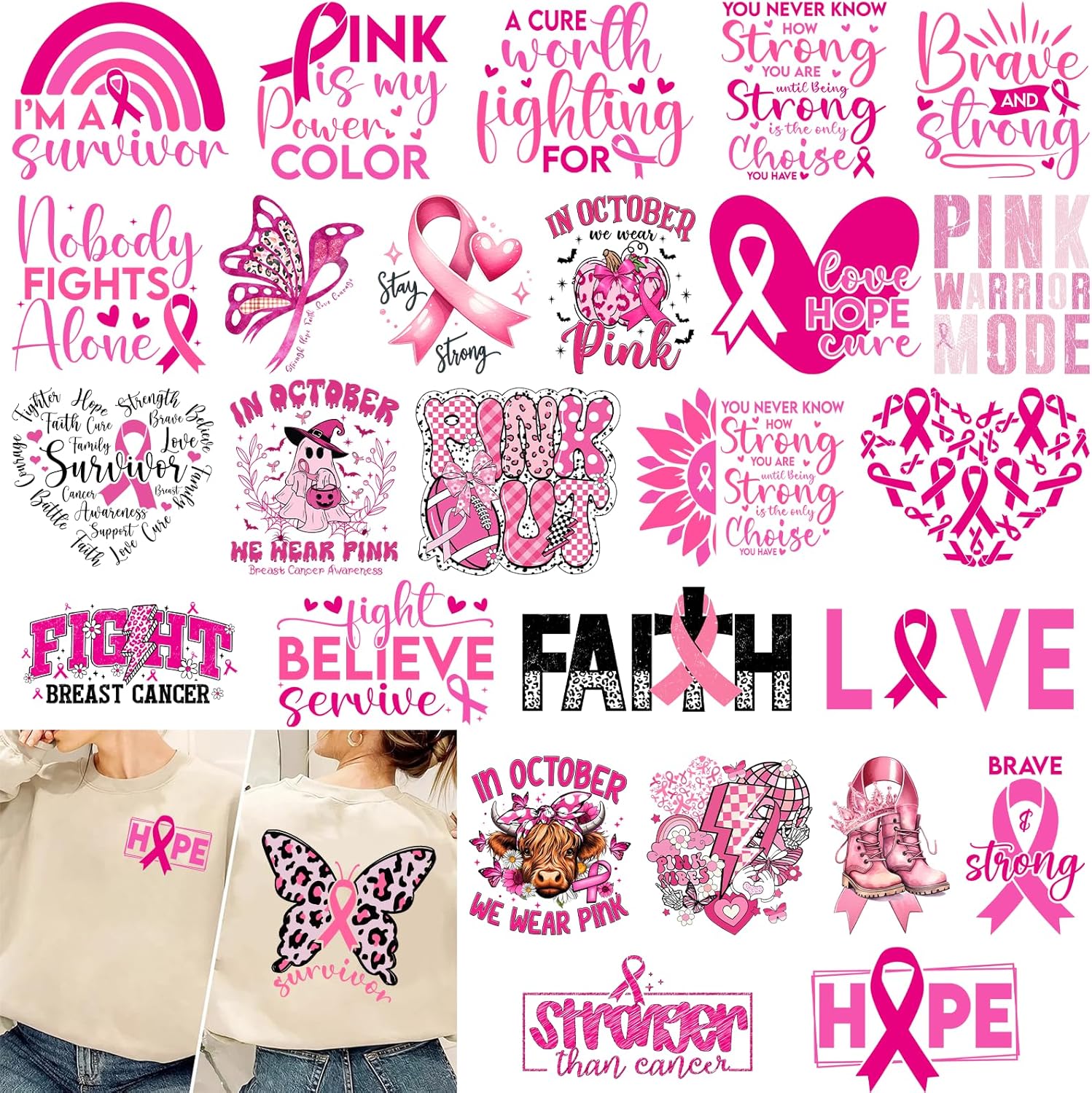 33pcs Brave Breast Cancer Awareness Fights DTF Heat Transfer Patches Iron on Decals Butterfly Pumpkin Hope Faith Ready to Press Transfer Patches for Clothes Backpack Fabric Decoration Ready to Press