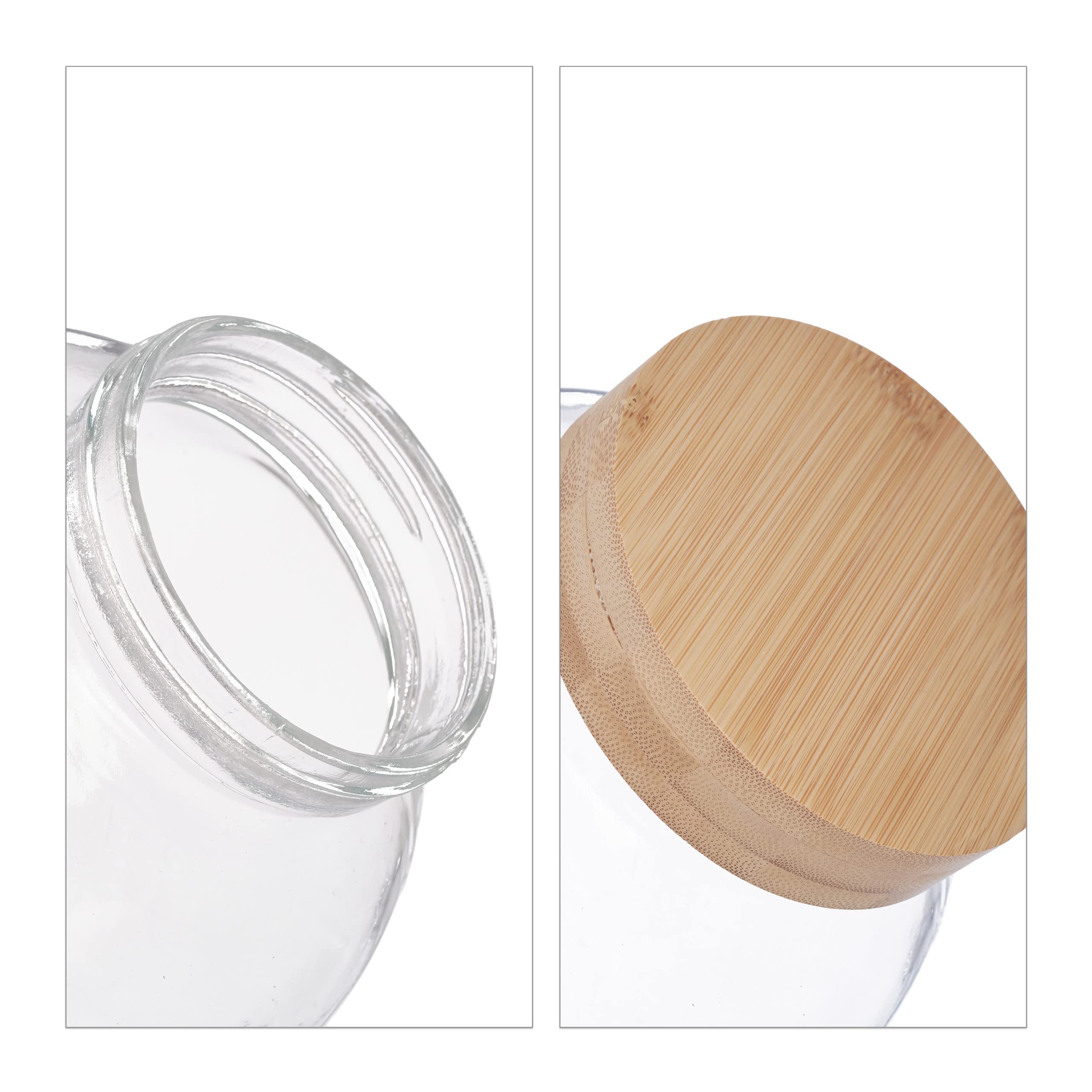 Relaxdays Botes Cristal Tapa de Bambú, Set de 2, Tarros Almacenaje, para Mesas de Chuches, 1,5 L, Transparente/Natural
