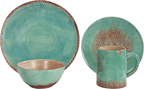 Paseo Road Patina Turquoise - Juego de vajilla rústica de cerámica de 16 piezas con platos, cuencos y tazas