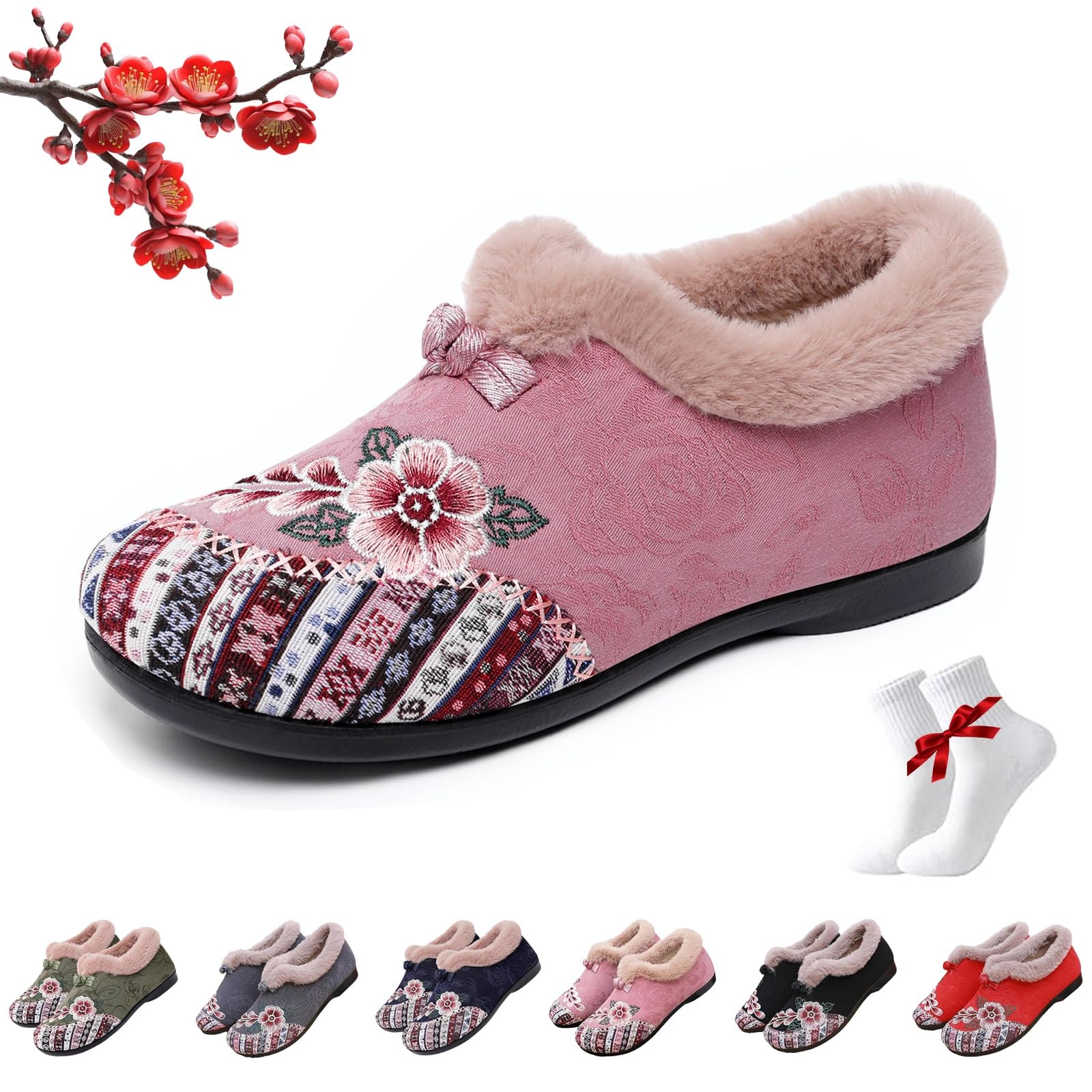 Dritnow Boots Dritnow Womens Warm Floral Winter Ankle Boots - Cozy Comfortable Lightweight Non-Slip Everyday Slip-on Fleece-Lined Shoes