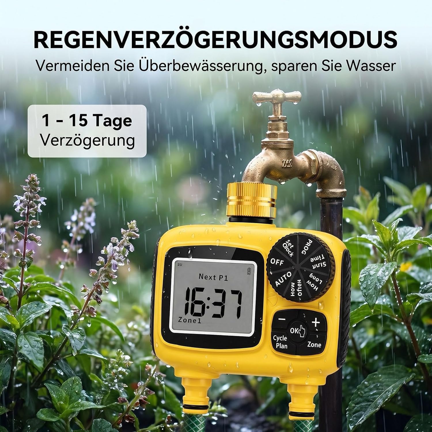 MQUPIN Ordenador de riego, 2 salidas, conexiones de latón | Temporizador de agua LCD con retardo de lluvia, protección para niños, IP55, doble zona, para jardín, césped, huertos