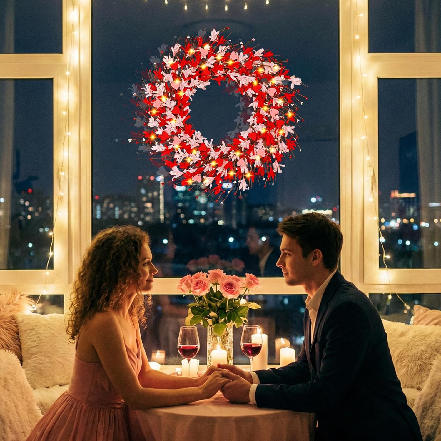 Valentines Day Decorations - 20 Inch Valentines Wreath, Artificial Lighted Pink Forsythia Wreath with Hearts Berries, Spring Summer Wreaths for Front Door Home Windows Wall Party Outdoor Indoor Decor - Image 5