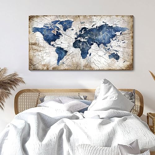 Miniatura 2 de Lienzo de mapa del mundo para pared, arte abstracto de mapas del mundo azul marino para pared, arte de pared moderno vintage para oficina, cuadros