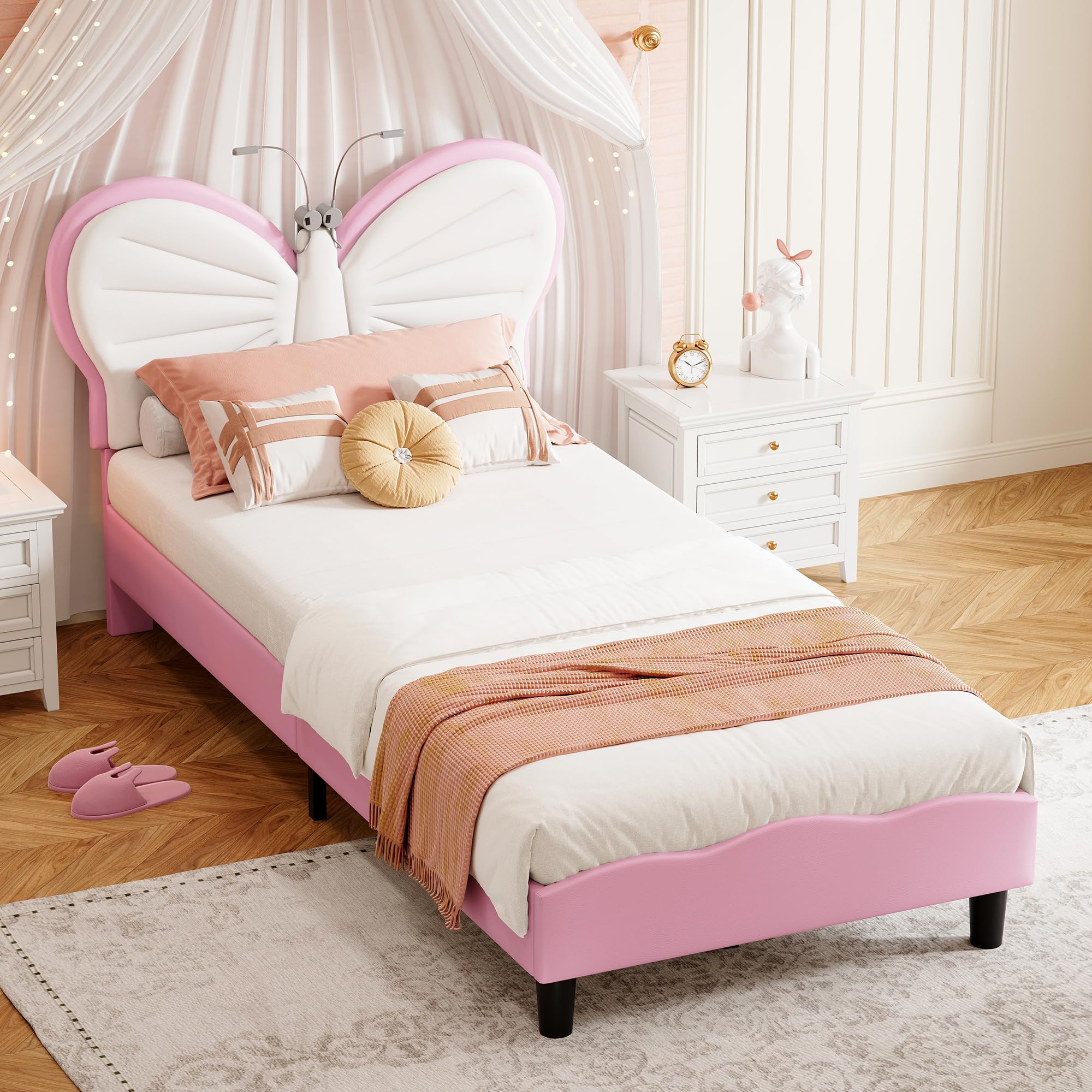 Lit Enfant Rembourré 90x200cm,Tête de Lit avec Lampe de Lecture LED,Cadre de lit pour Enfants avec Sommier à Lattes,Design Extérieur Papillon,Velours, Blanc Rose