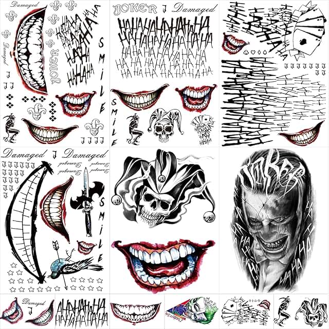 22 Sheets Halloween Temporary Tattoos, Perfect Joker Tattoos Halloween F...