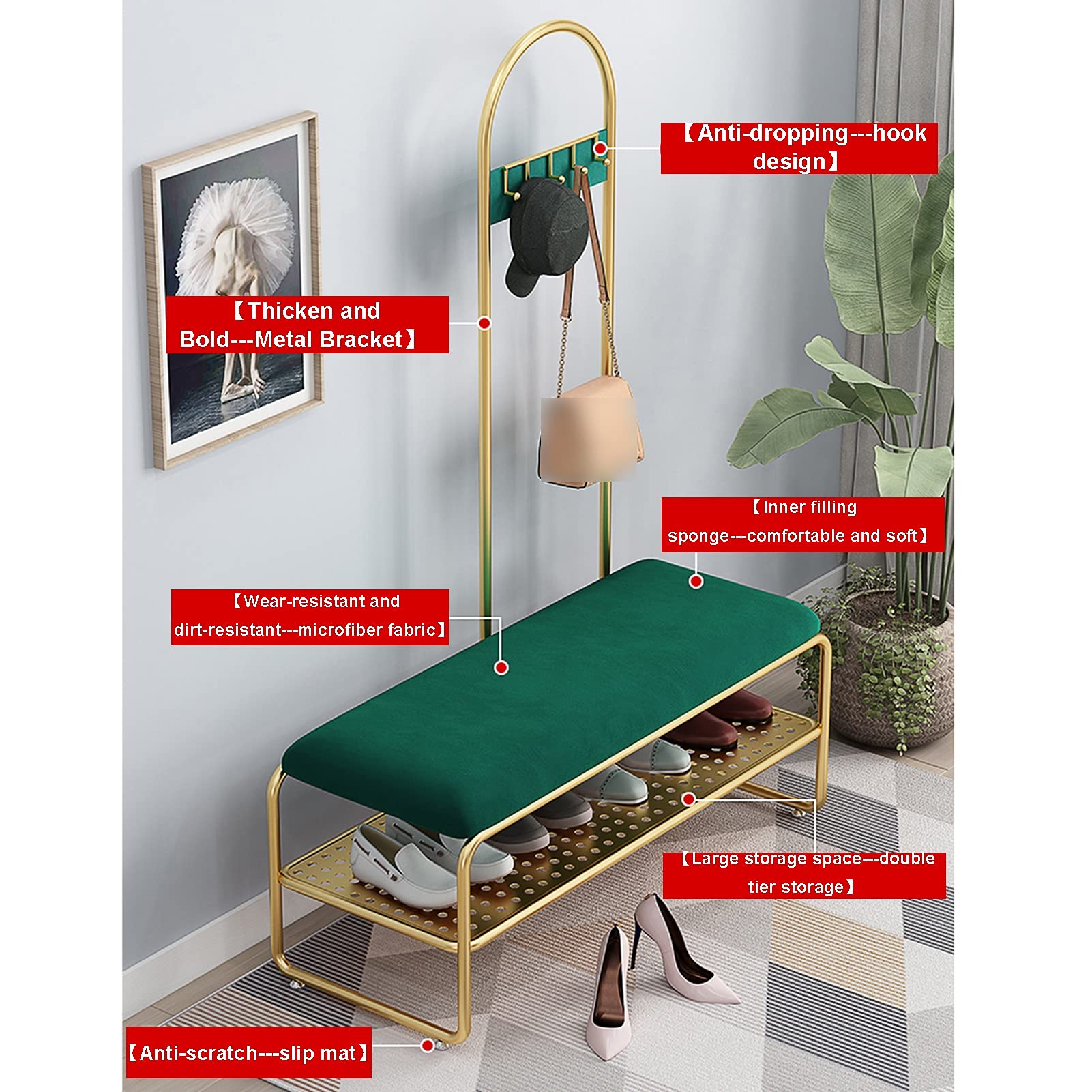 XINGLL - Appendiabiti in metallo antiruggine con panca, versatile, per ingresso, camera da letto, ufficio, perfetto per indumenti, scarpe, cappelli, borse, facile da montare