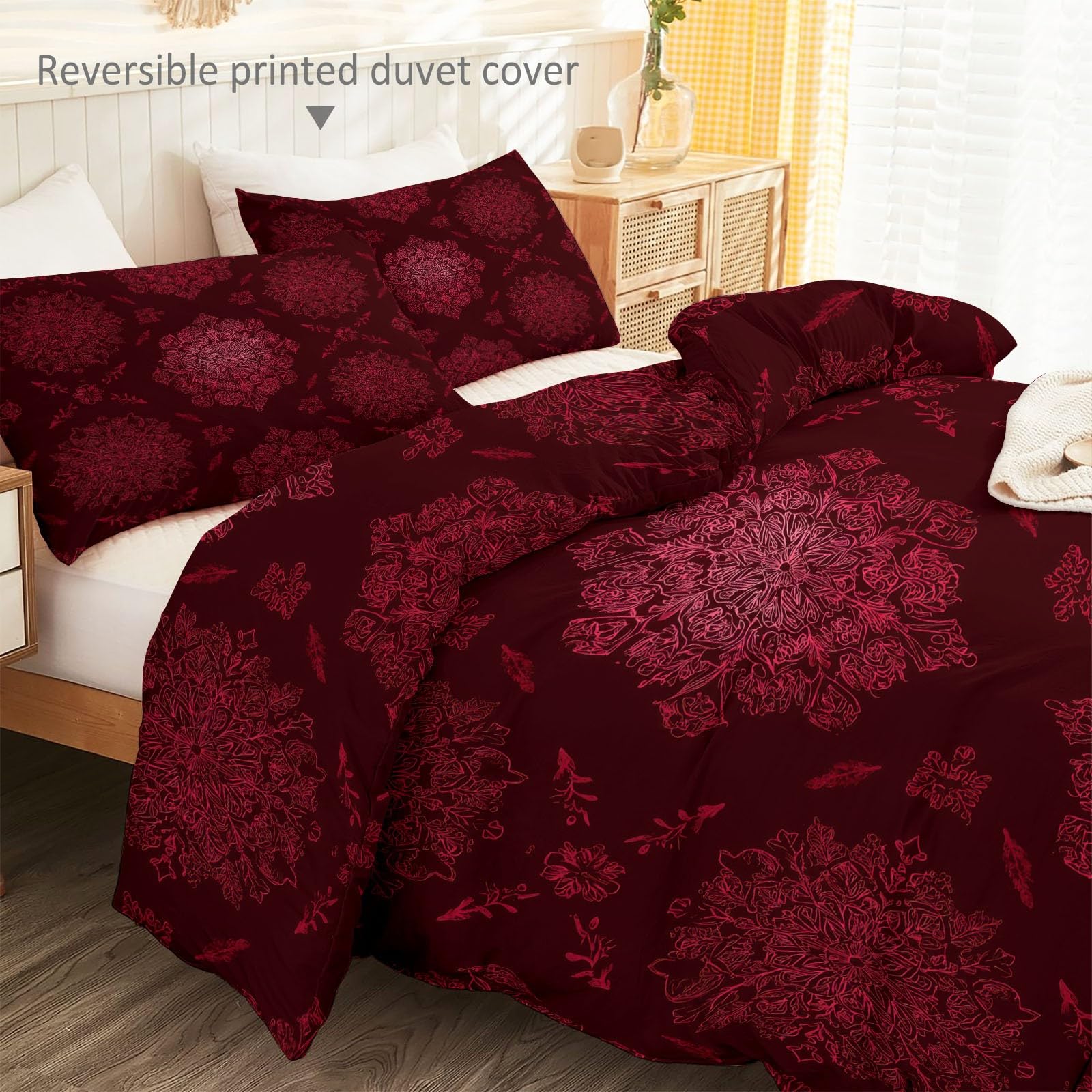 Biancheria da letto moderna da 155 x 220 cm, 3 pezzi, motivo natalizio con fiocchi di neve, reversibile, in morbida microfibra, con chiusura lampo e 2 federe da 80 x 80 cm, colore: rosso