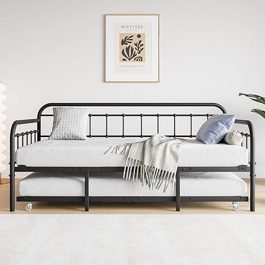 Elephance Twin Size Metal Daybed Frame with Trundle, Heavy Duty Steel Slat Support Sofa Bed Platform with Headboard, No Box Spring Needed, Black