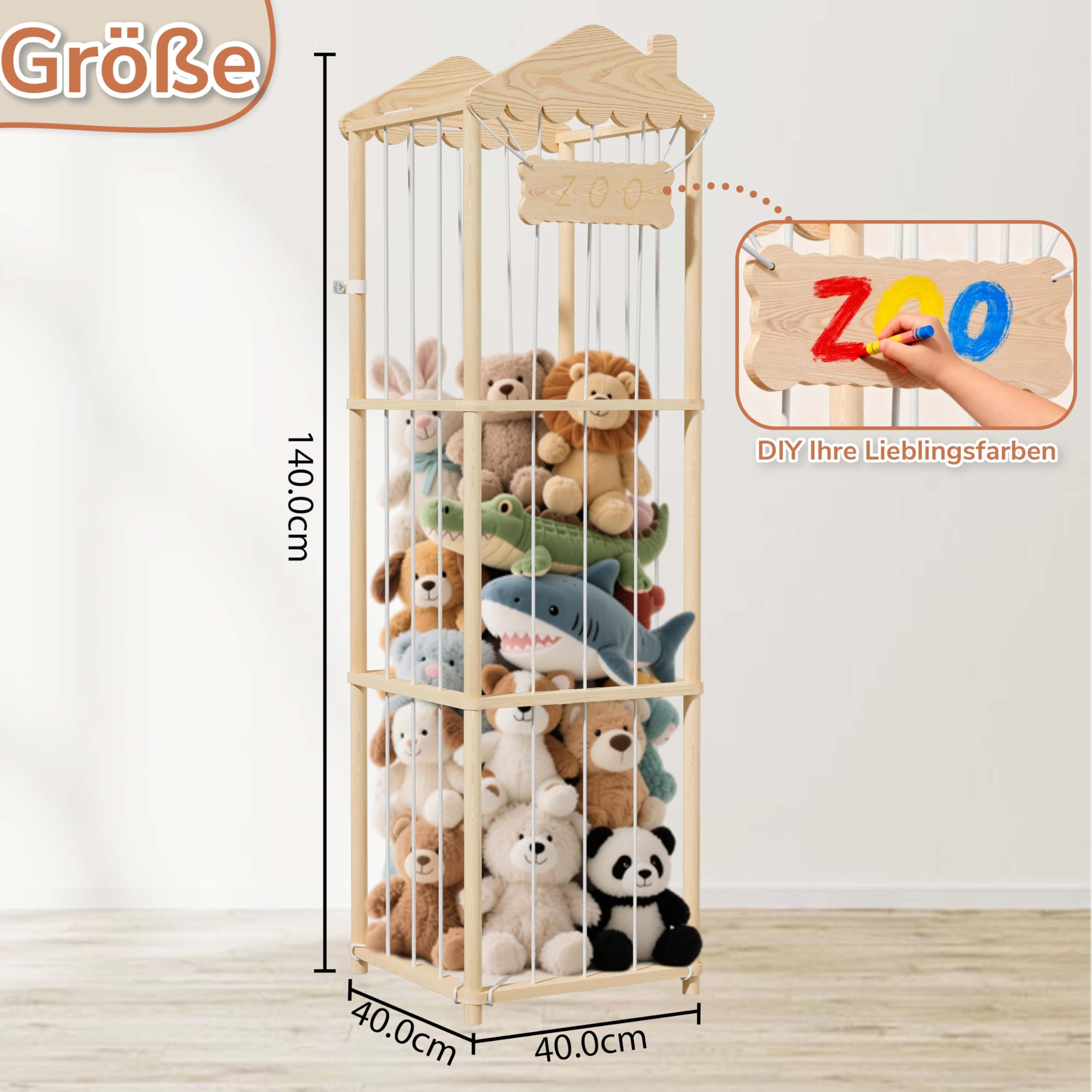 AMBIRD Kuscheltier Aufbewahrung Kinderzimmer, 140 * 40 * 40 cm Holz Kinder Spielzeug Regal für Kuscheltiere, Stofftiere, Plüschtier, Kinderregal Stofftier Aufbewahrung, Groß Plüschtiere Organizer