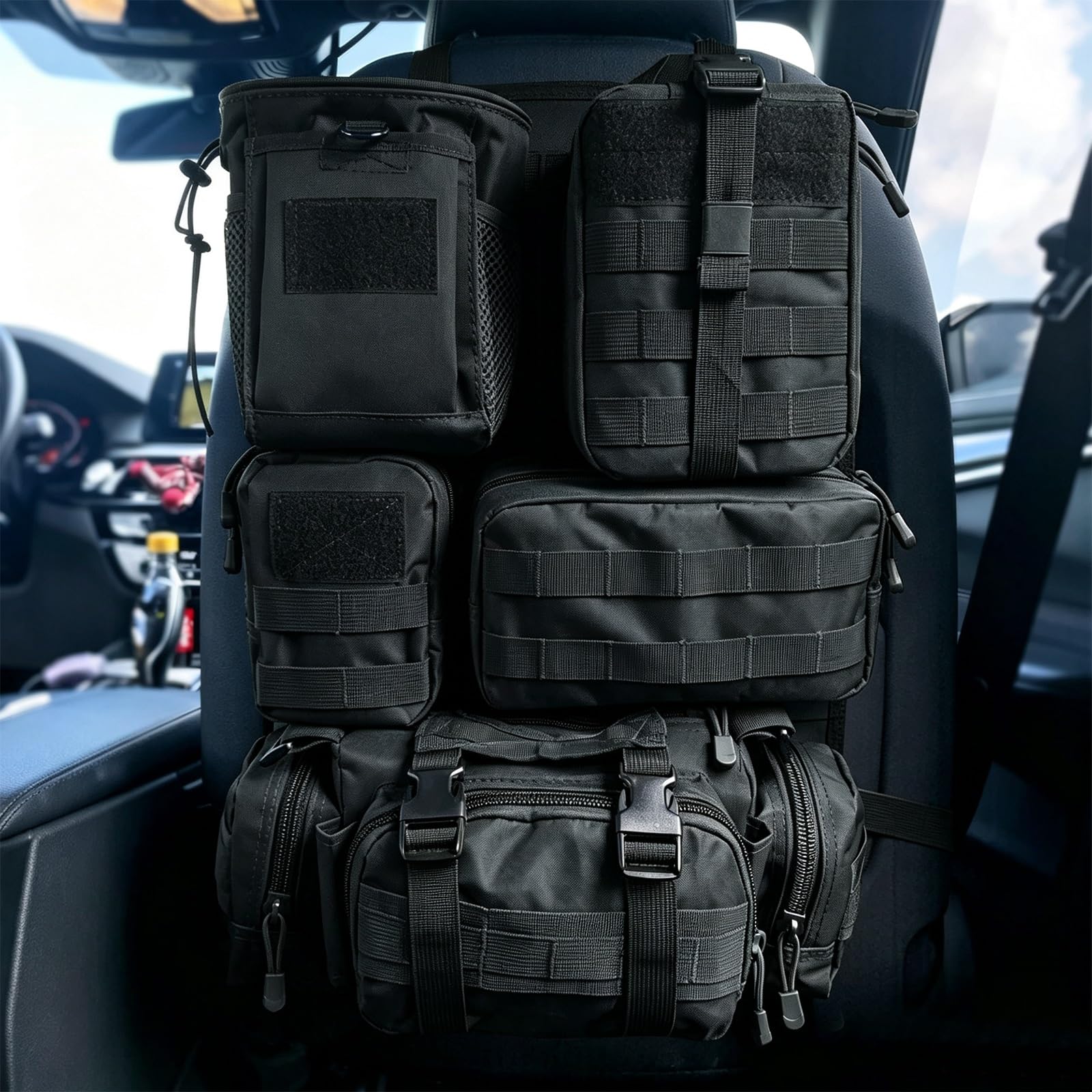 6-in-1 Tasca Tattica per Sedile Posteriore, Multifunzione per Auto | Pannello MOLLE Auto, 5 Tasche Rimovibili, Grande Organizzatore Posteriore per Tutti - Tieni in Ordine.(Black)
