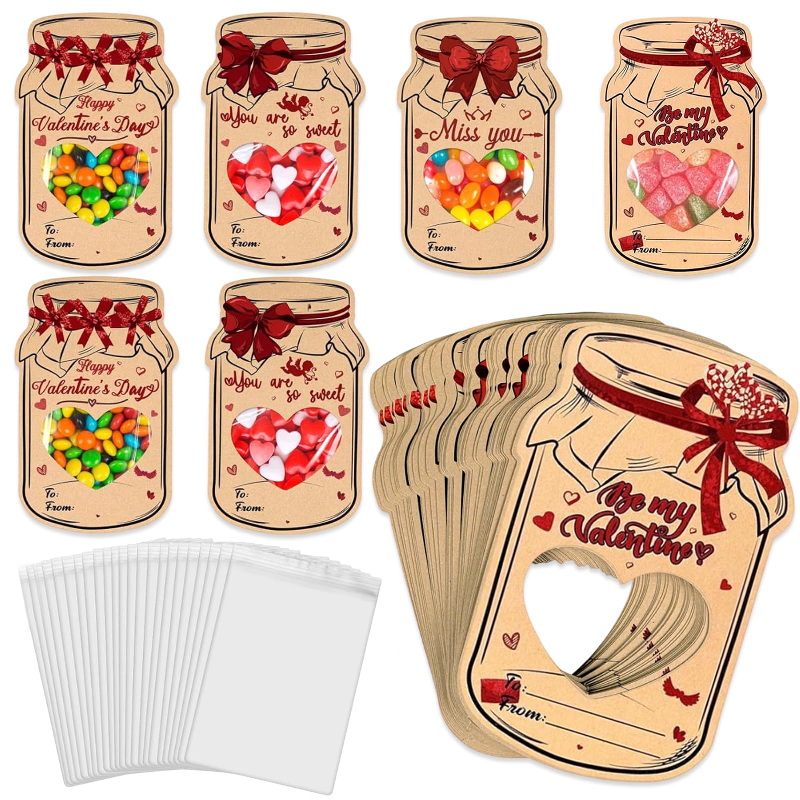 24 Pack Valnetines Day Cards Happy Valnetines Day Candy Bags Kits 4 Style Funny Valnetine Exchange Cards Cute Cookies Desserts Candy Treat Bags for School Exchange Party Favors (Candy Not Included)
