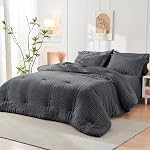 HYMOKEGE Couverture de couettes grises foncée taille Reine, Ultra Doucement 3-Piece Couvercle de couettes Seersucker avec fermeture à glissière, literie en microfibre brossé doux avec 8 Cravates d'angle (90"x90", 2 Oreillers)
