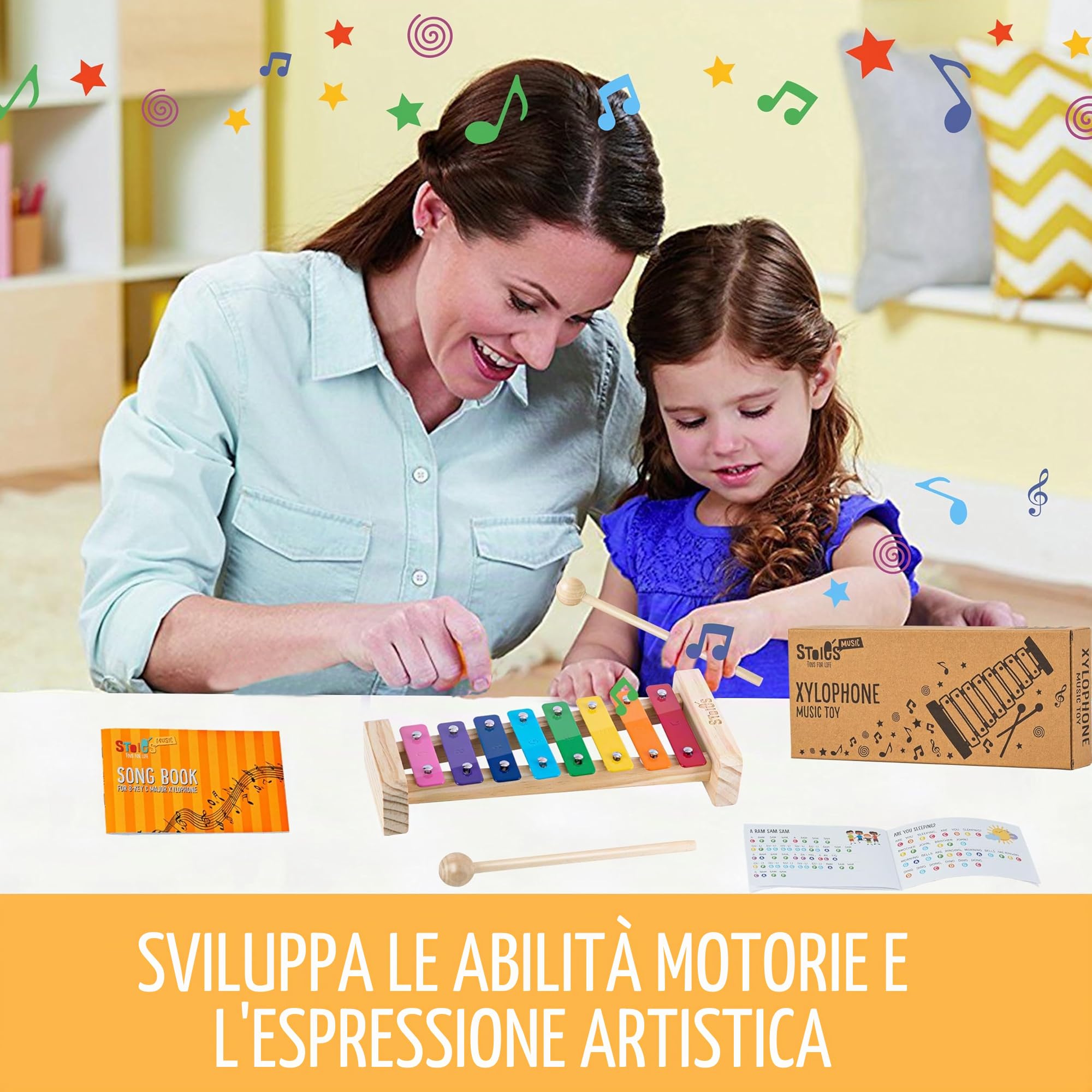 Xilofono in Do maggiore 8 tasti con le bachette in legno, per bambini e adulti, facile da suonare, libro di canzoni incluso